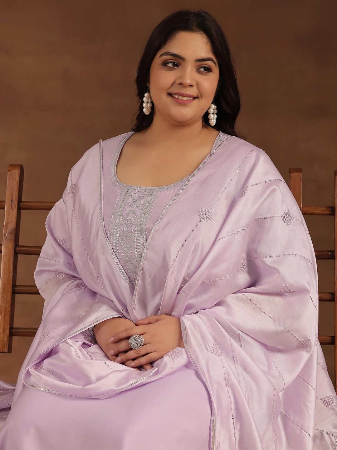 Plus Size Lavender Yoke Design Silk Blend Straight Suit With Dupatta - Libas