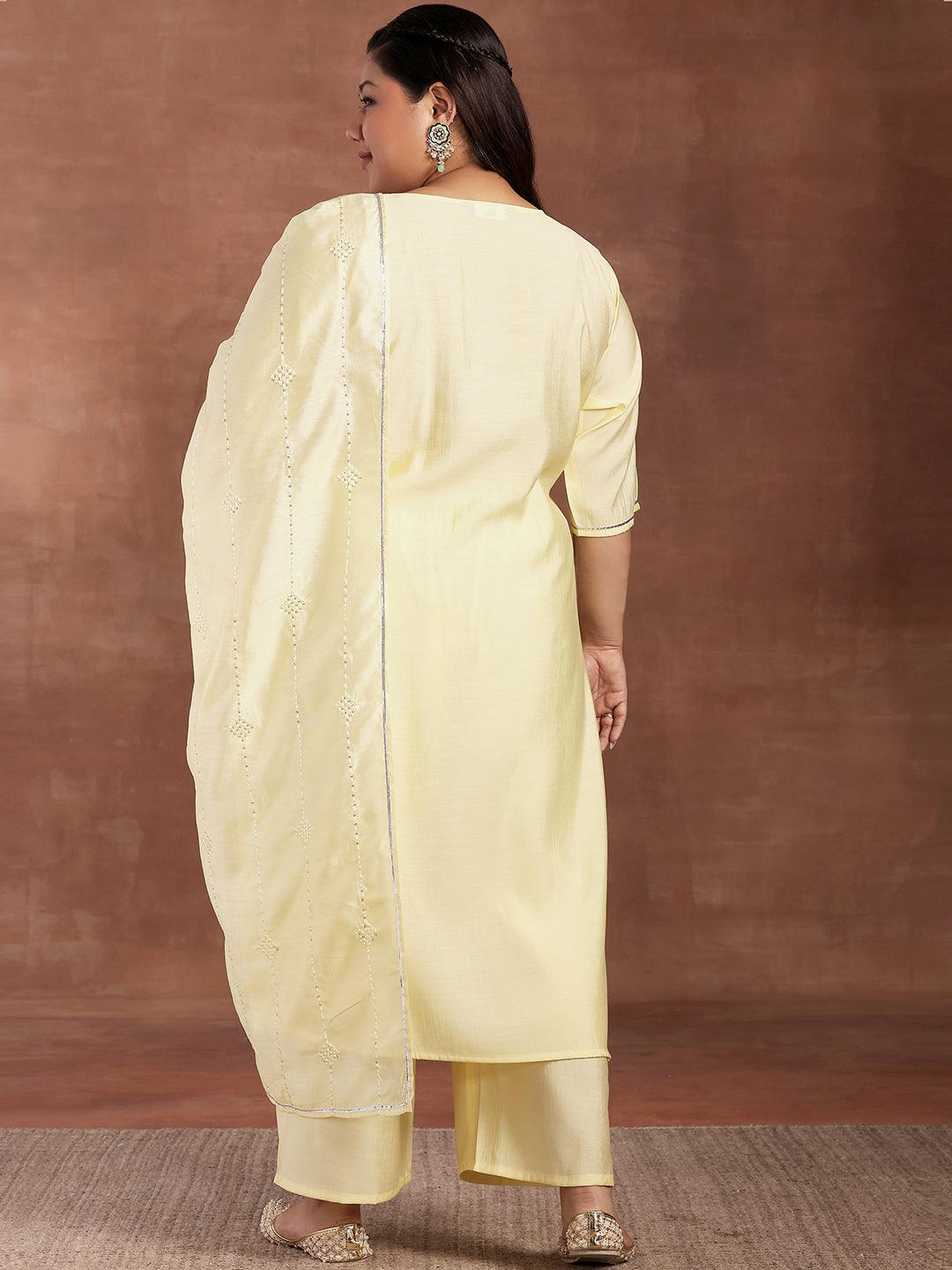 Plus Size Yellow Yoke Design Silk Blend Straight Suit With Dupatta