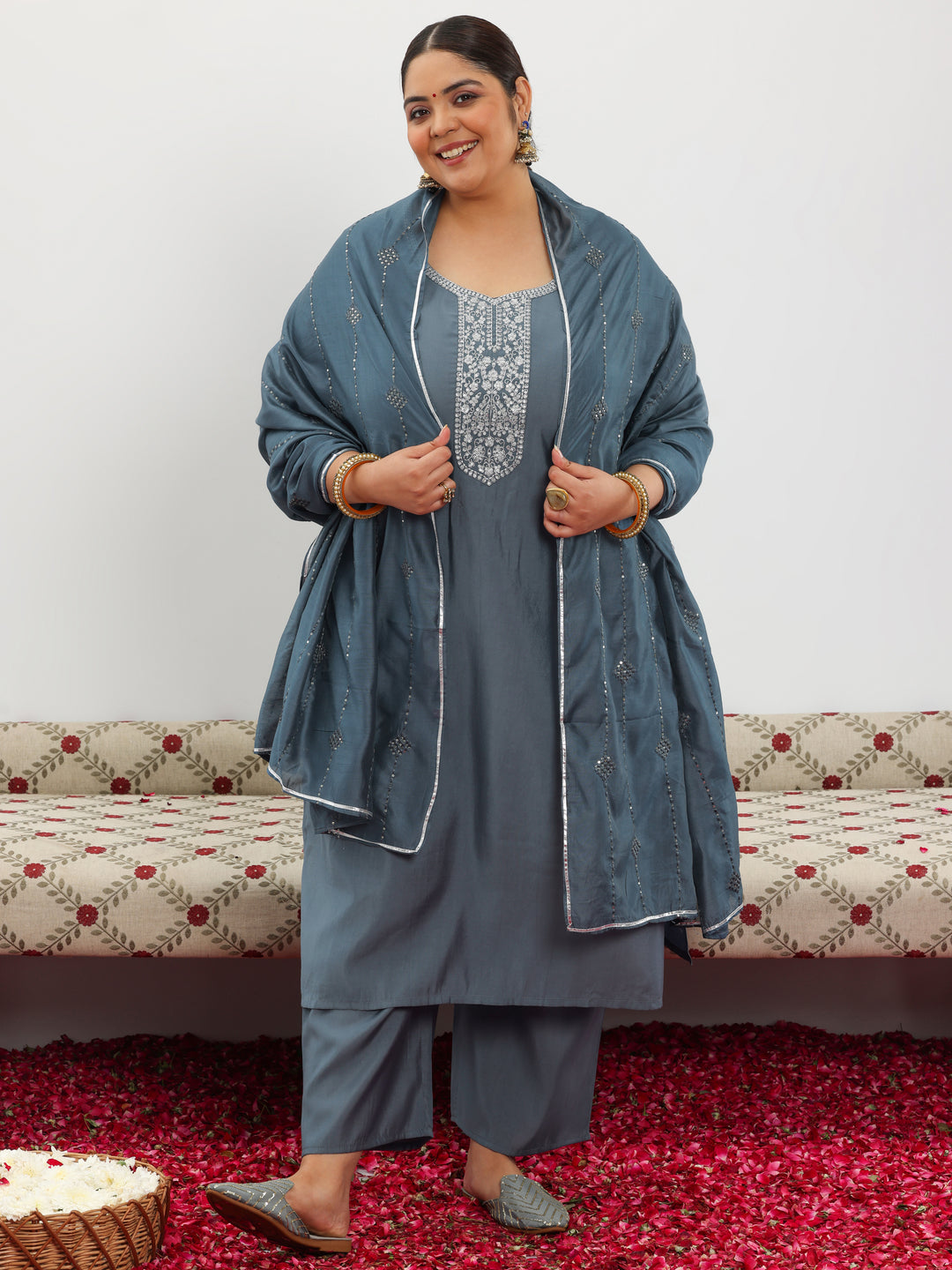  Plus Size Grey Yoke Design Silk Blend Straight Suit With Dupatta 