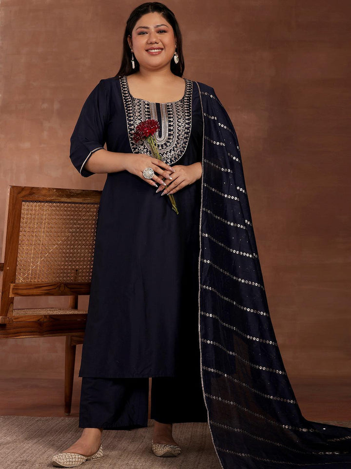 Plus Size Blue Yoke Design Silk Blend Straight Suit With Dupatta - Libas