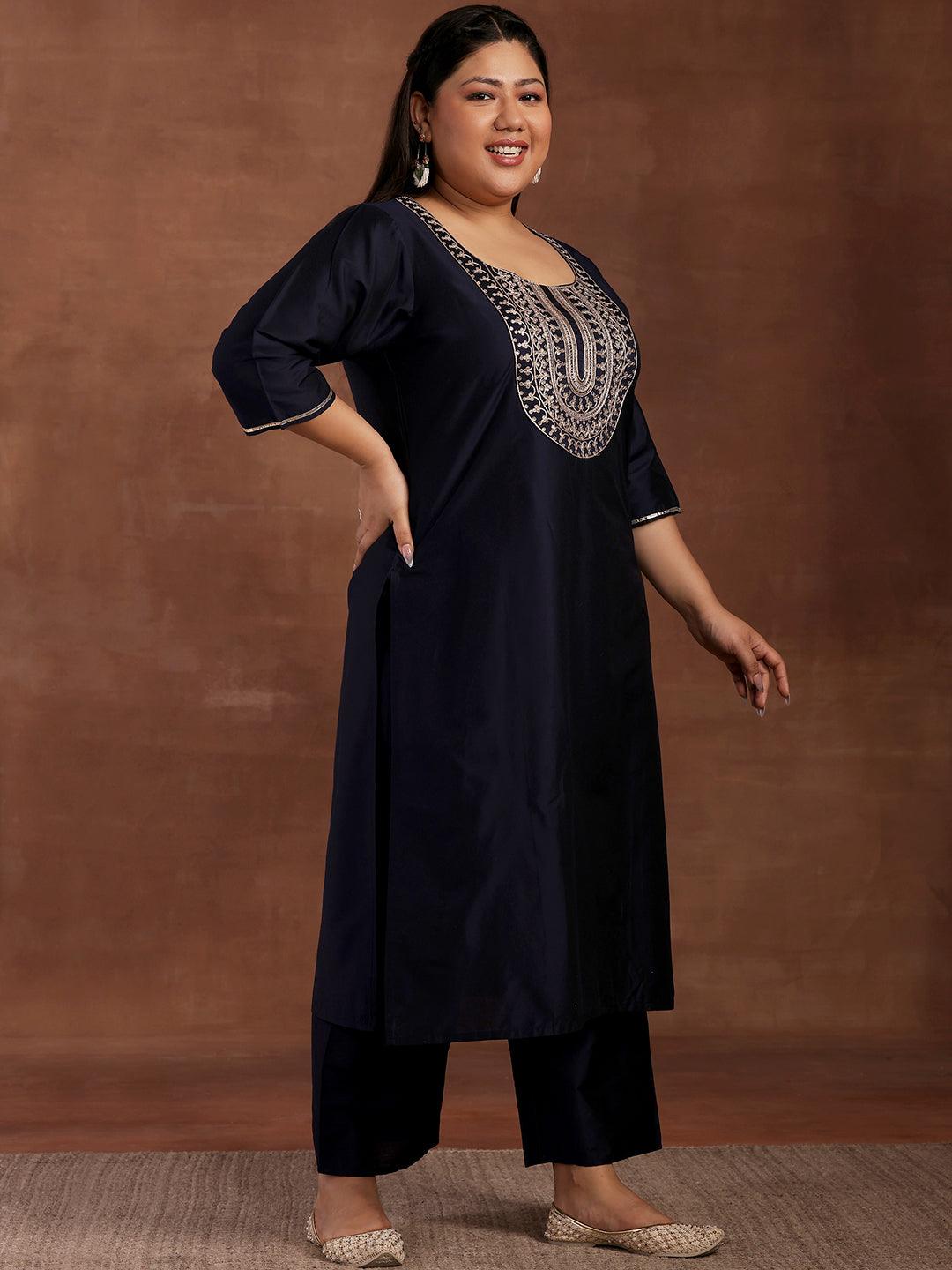 Plus Size Blue Yoke Design Silk Blend Straight Suit With Dupatta - Libas