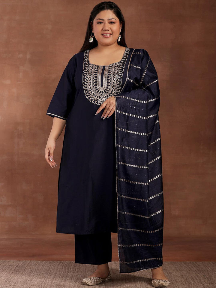 Plus Size Blue Yoke Design Silk Blend Straight Suit With Dupatta - Libas