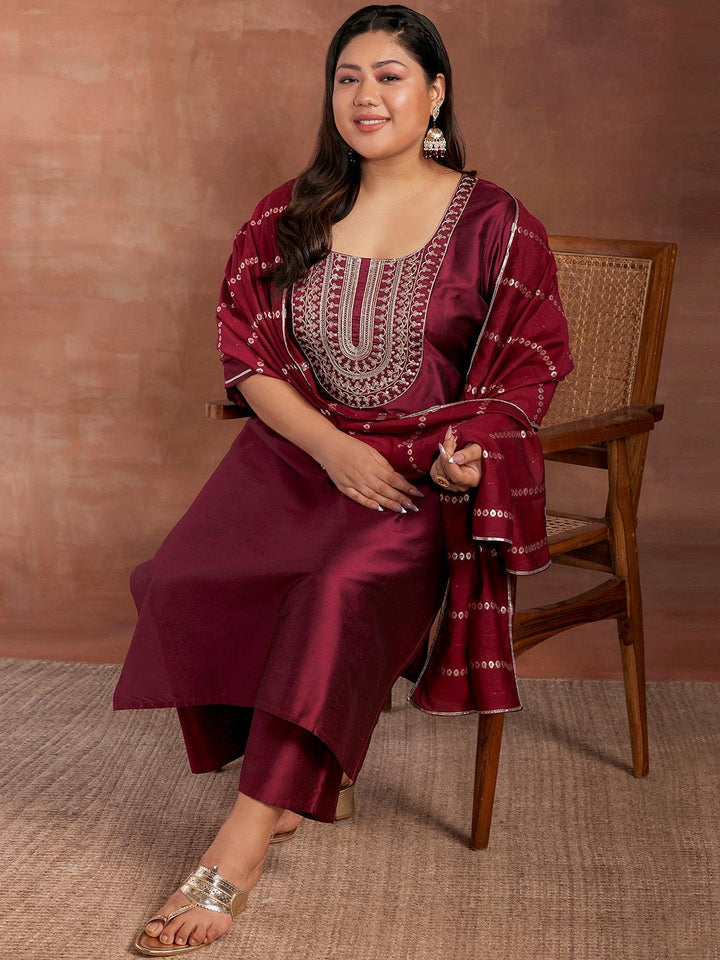 Plus Size Burgundy Yoke Design Silk Blend Straight Suit With Dupatta - Libas