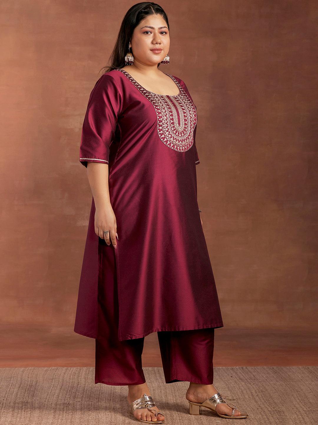 Plus Size Burgundy Yoke Design Silk Blend Straight Suit With Dupatta - Libas