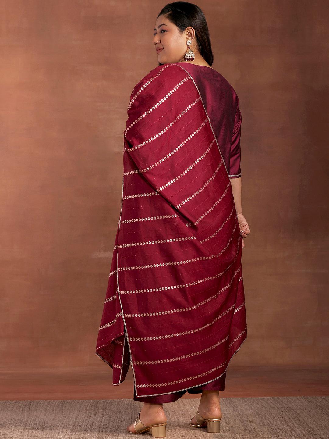 Plus Size Burgundy Yoke Design Silk Blend Straight Suit With Dupatta - Libas