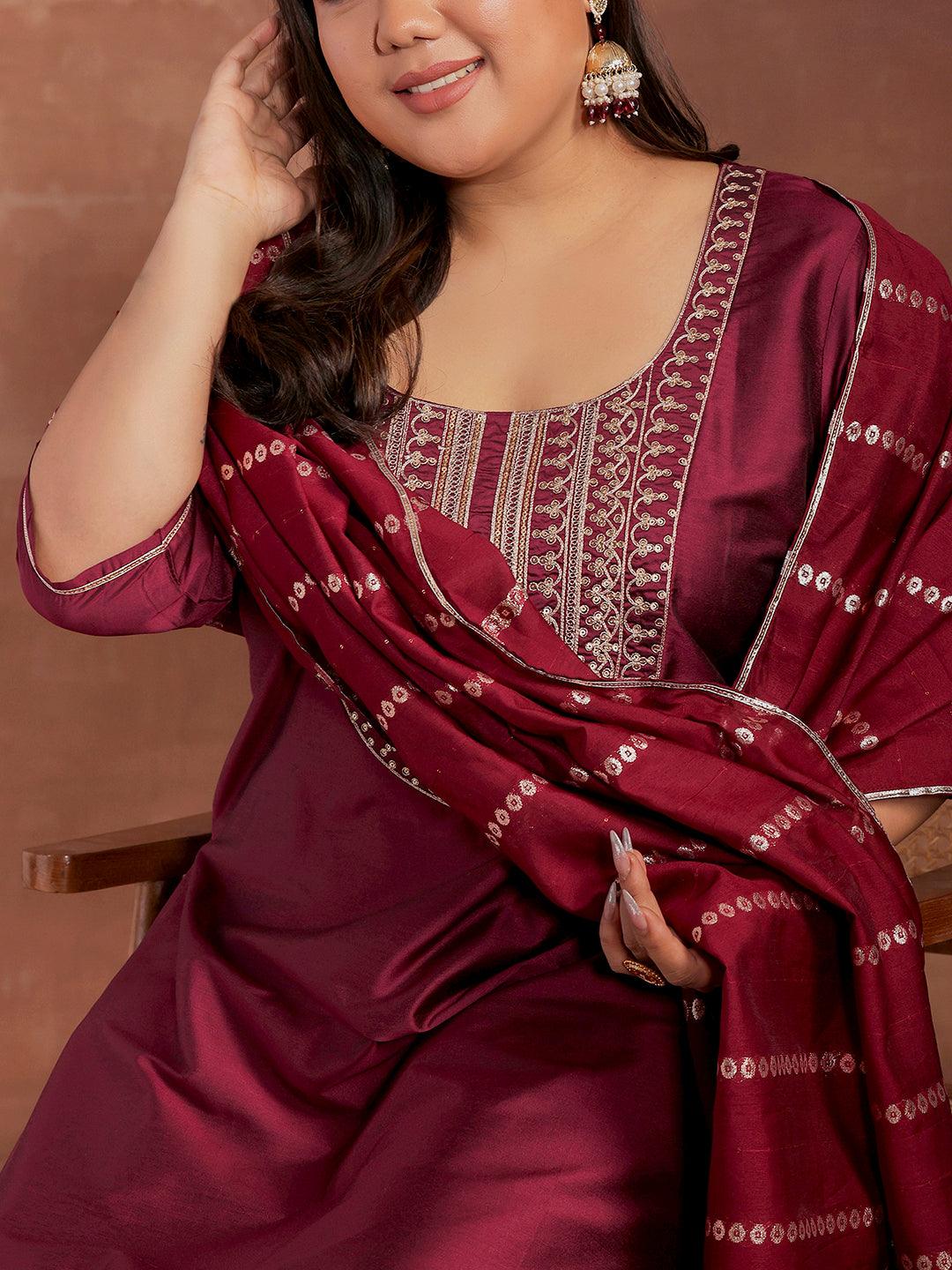 Plus Size Burgundy Yoke Design Silk Blend Straight Suit With Dupatta - Libas