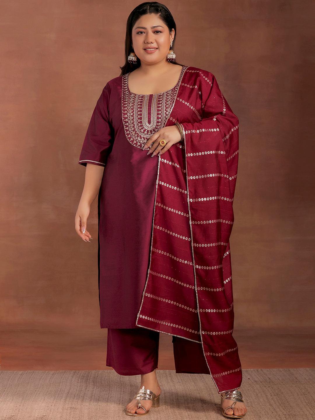 Plus Size Burgundy Yoke Design Silk Blend Straight Suit With Dupatta - Libas