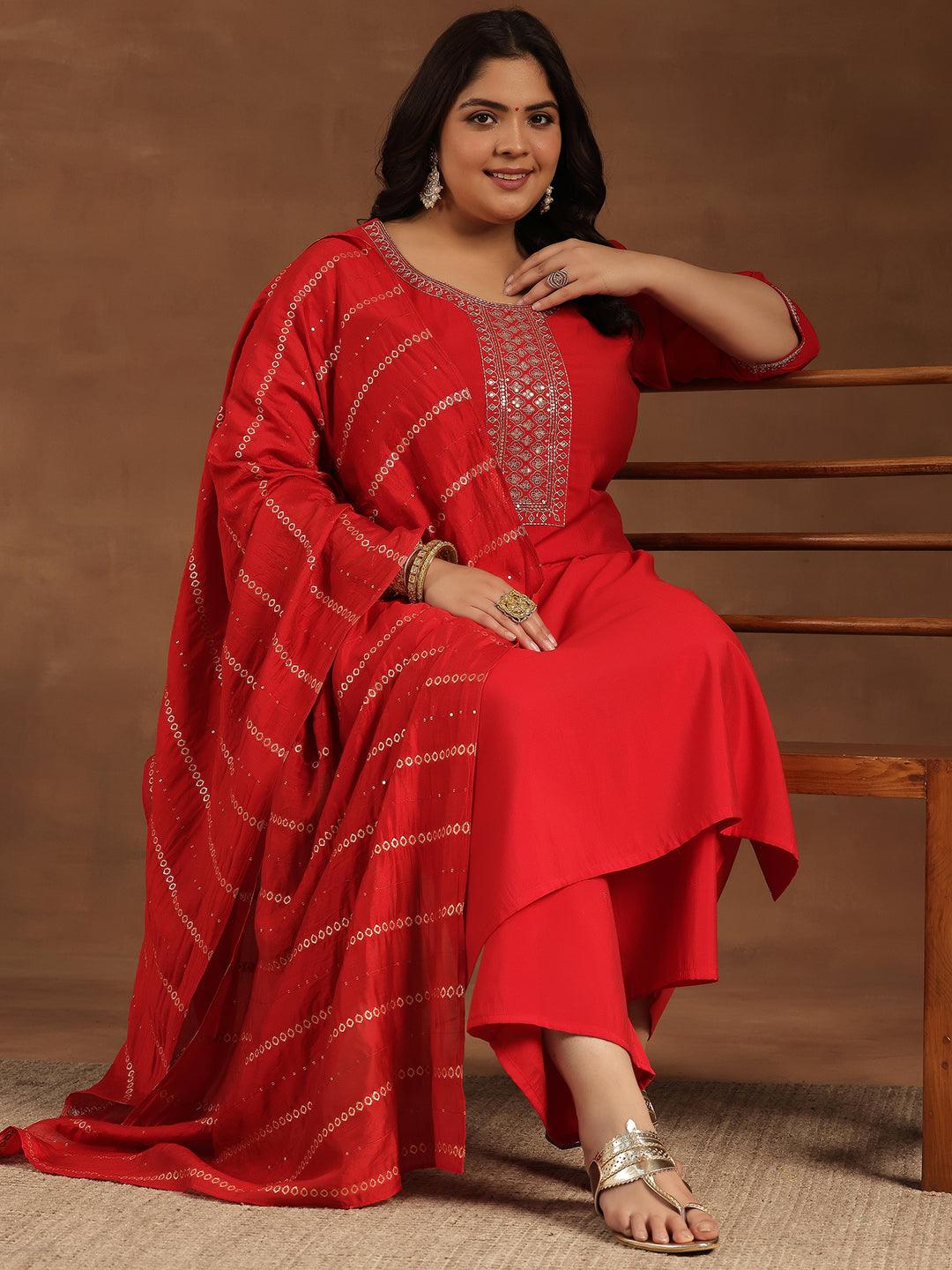 Plus Size Red Yoke Design Silk Blend Straight Suit With Dupatta - Libas