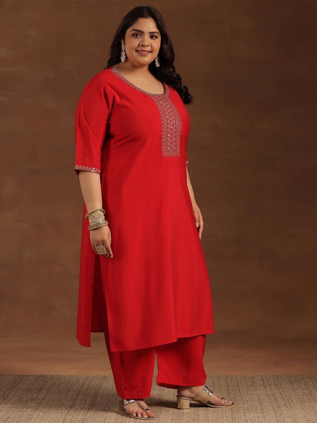 Plus Size Red Yoke Design Silk Blend Straight Suit With Dupatta - Libas