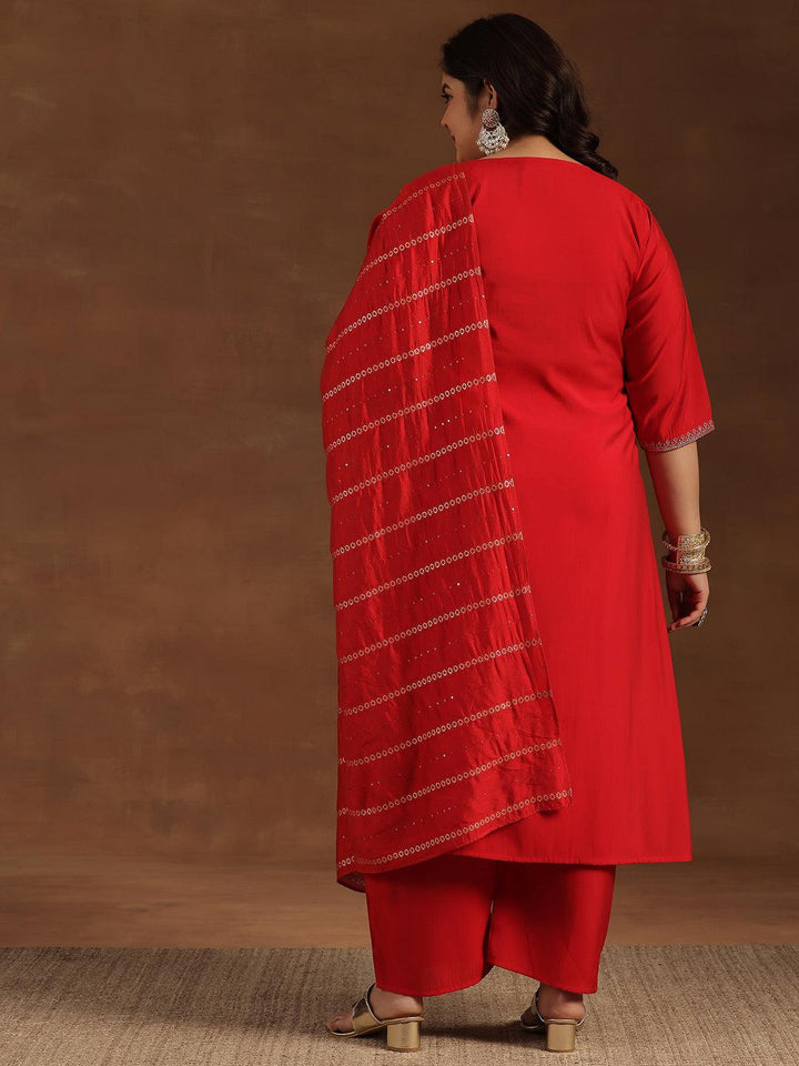 Plus Size Red Yoke Design Silk Blend Straight Suit With Dupatta - Libas