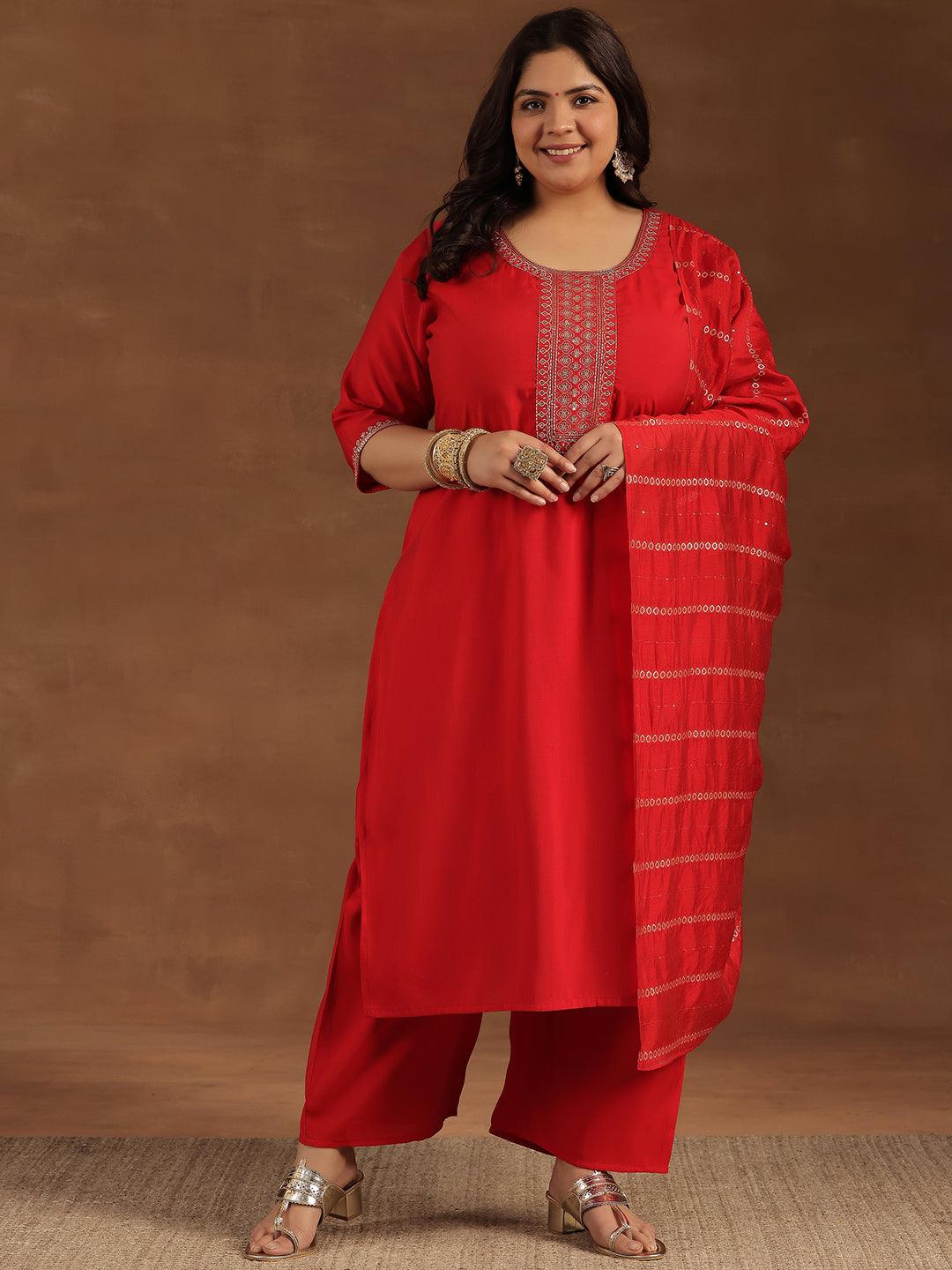 Plus Size Red Yoke Design Silk Blend Straight Suit With Dupatta - Libas