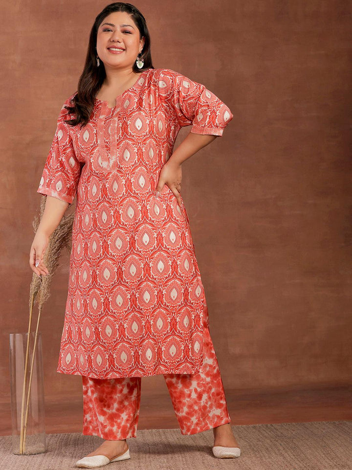 Plus Size Peach Printed Silk Blend Straight Kurta With Palazzos - Libas