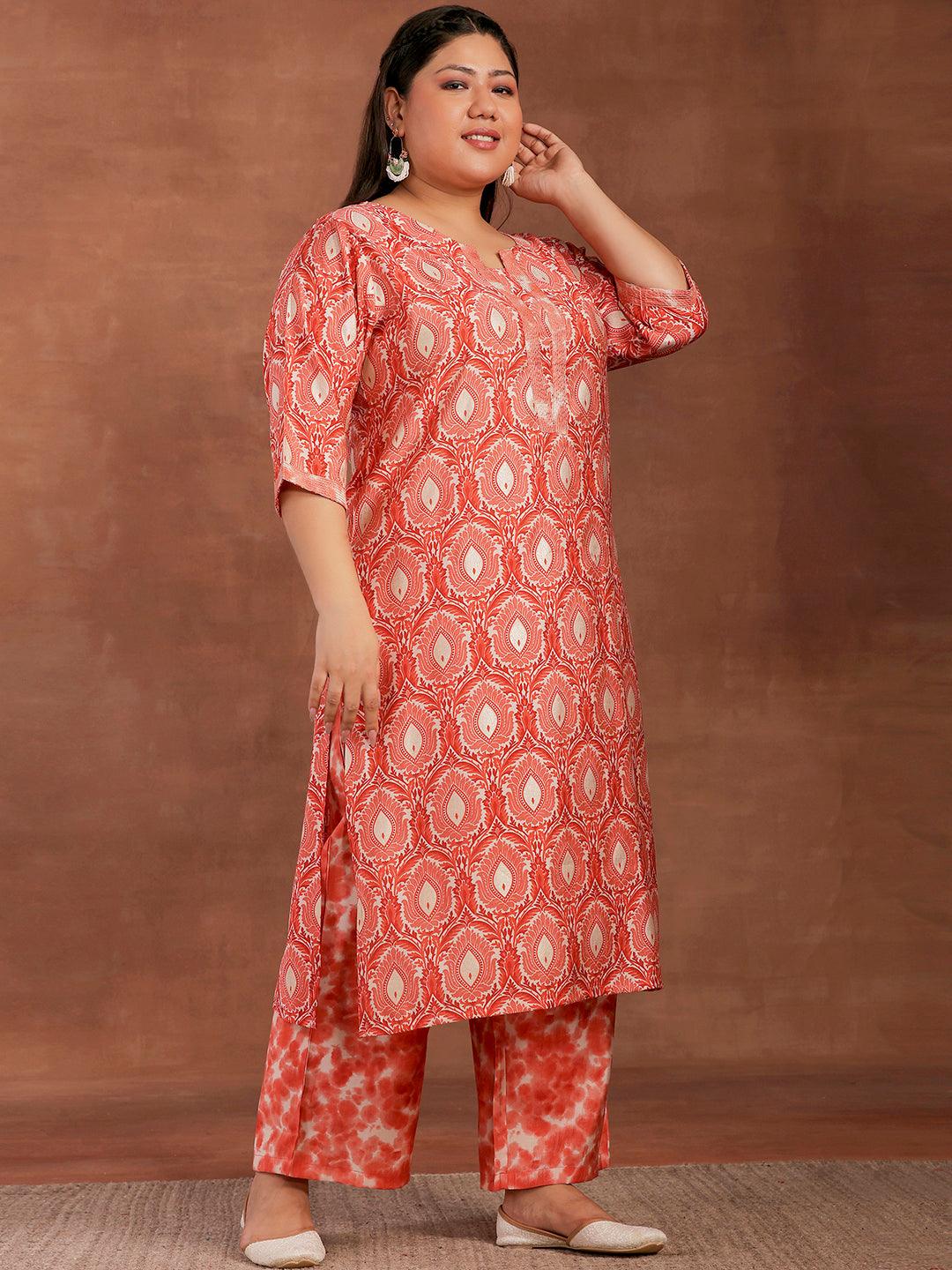 Plus Size Peach Printed Silk Blend Straight Kurta With Palazzos - Libas