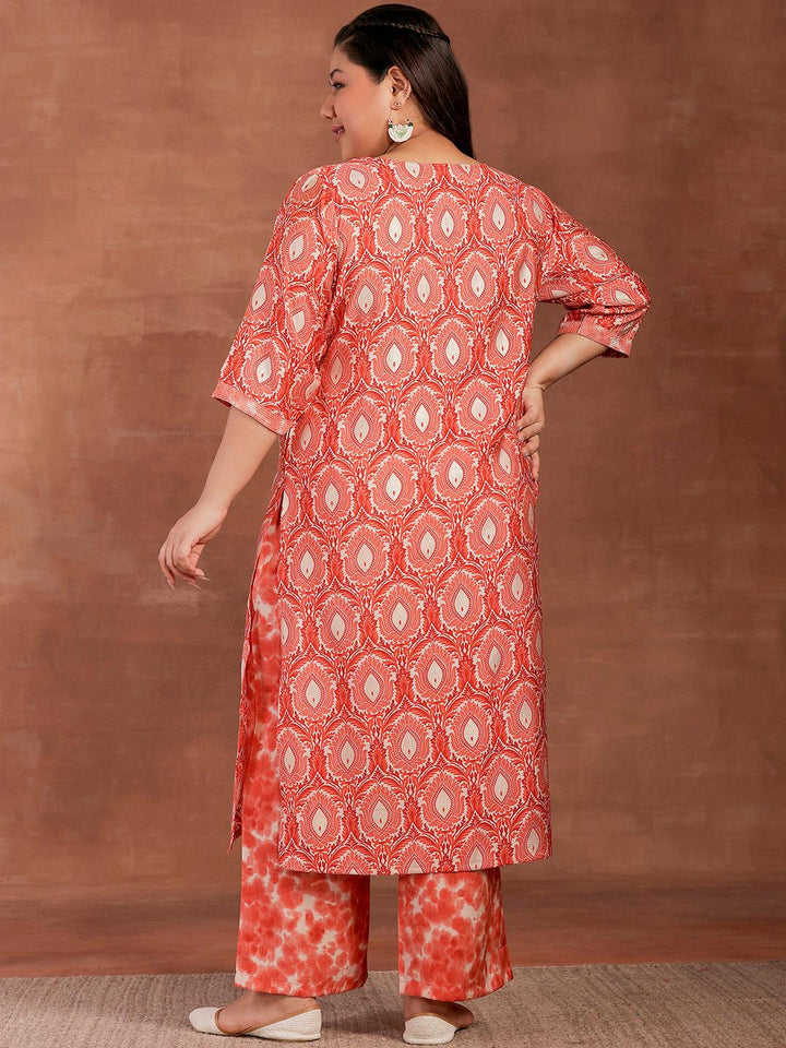 Plus Size Peach Printed Silk Blend Straight Kurta With Palazzos - Libas