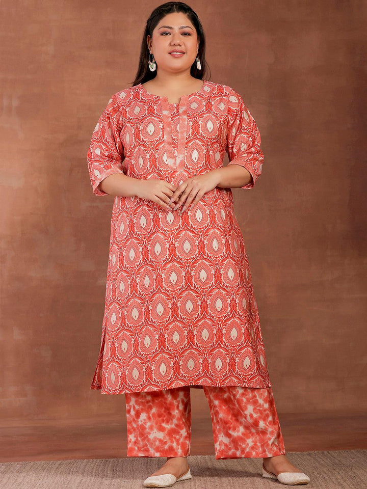 Plus Size Peach Printed Silk Blend Straight Kurta With Palazzos - Libas