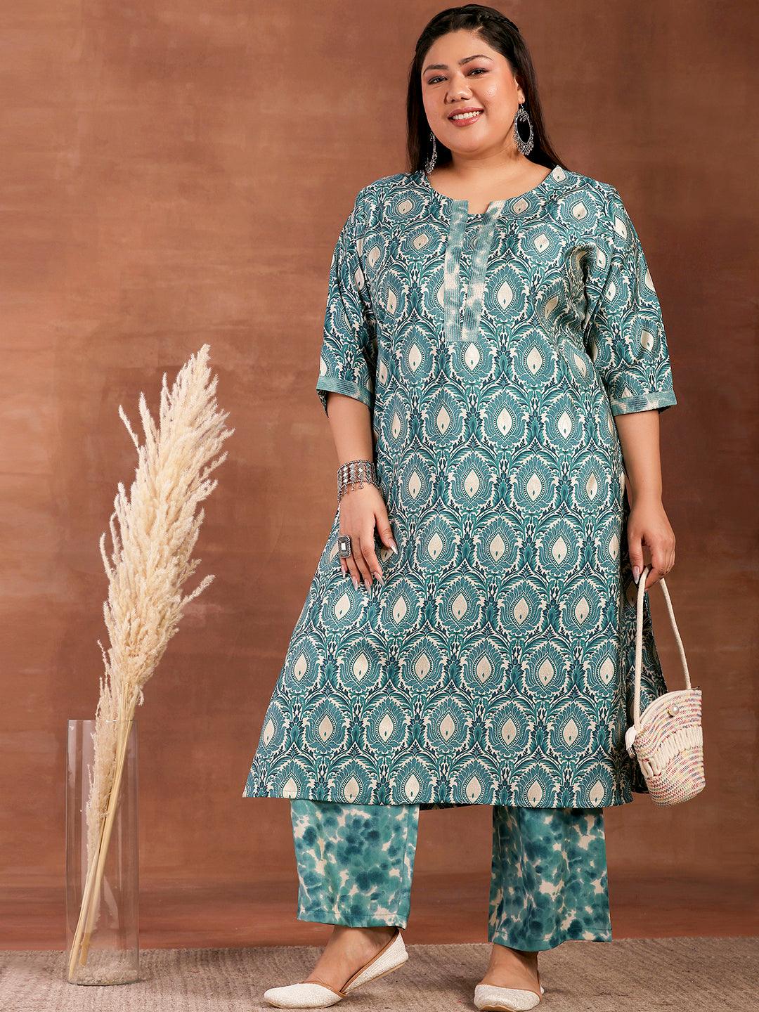 Plus Size Blue Printed Silk Blend Straight Kurta With Palazzos - Libas