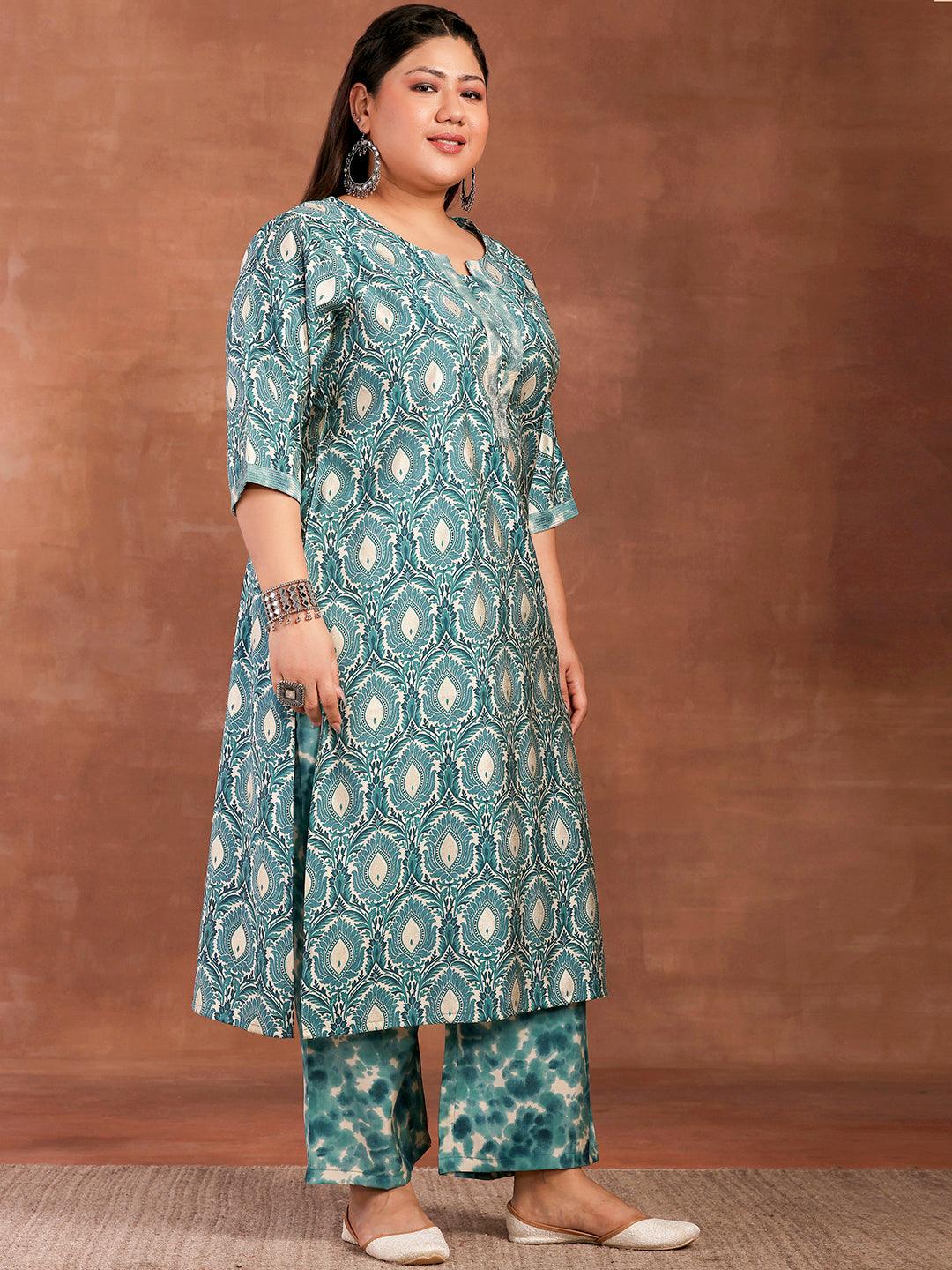 Plus Size Blue Printed Silk Blend Straight Kurta With Palazzos - Libas