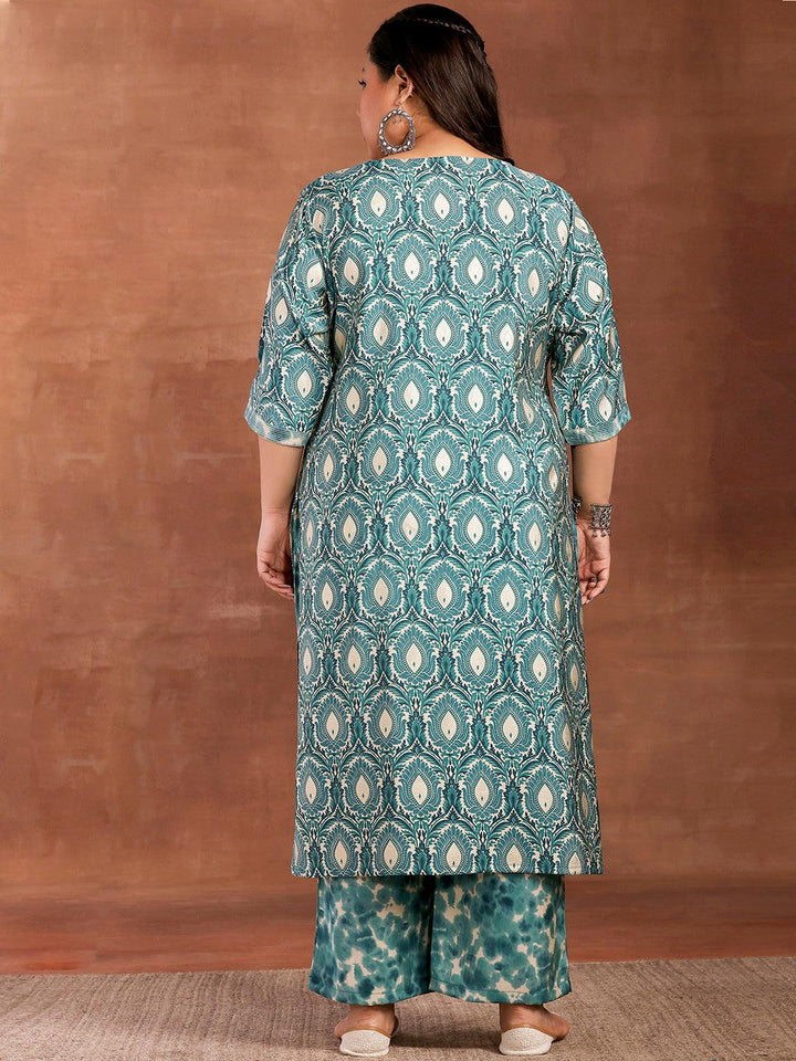 Plus Size Blue Printed Silk Blend Straight Kurta With Palazzos - Libas