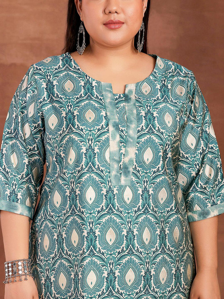 Plus Size Blue Printed Silk Blend Straight Kurta With Palazzos - Libas