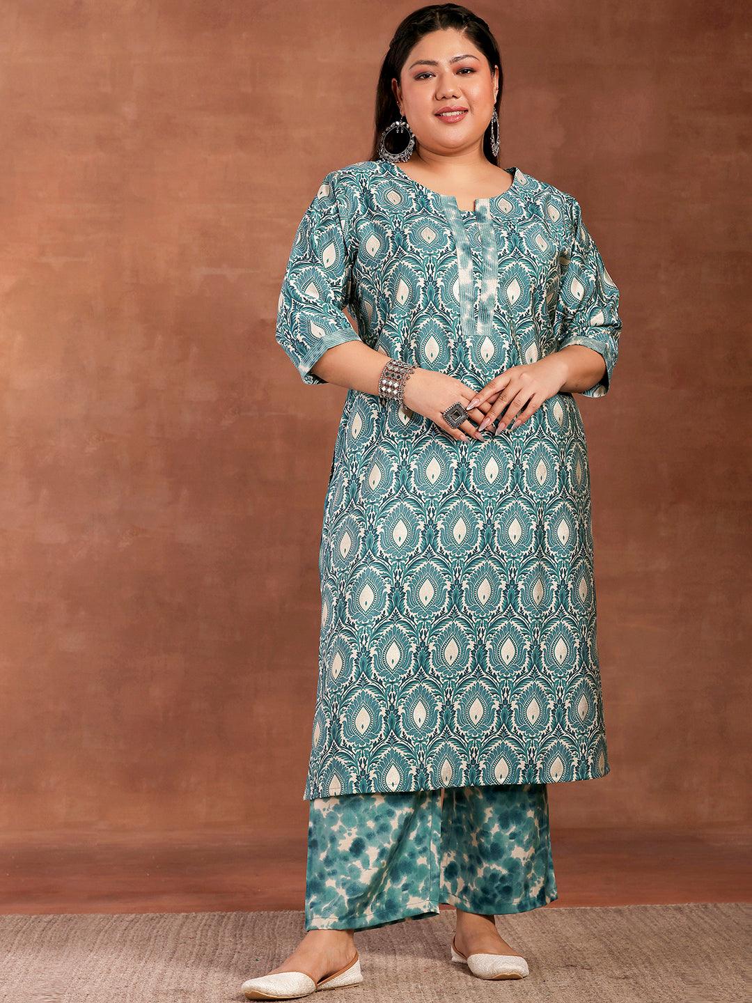 Plus Size Blue Printed Silk Blend Straight Kurta With Palazzos - Libas