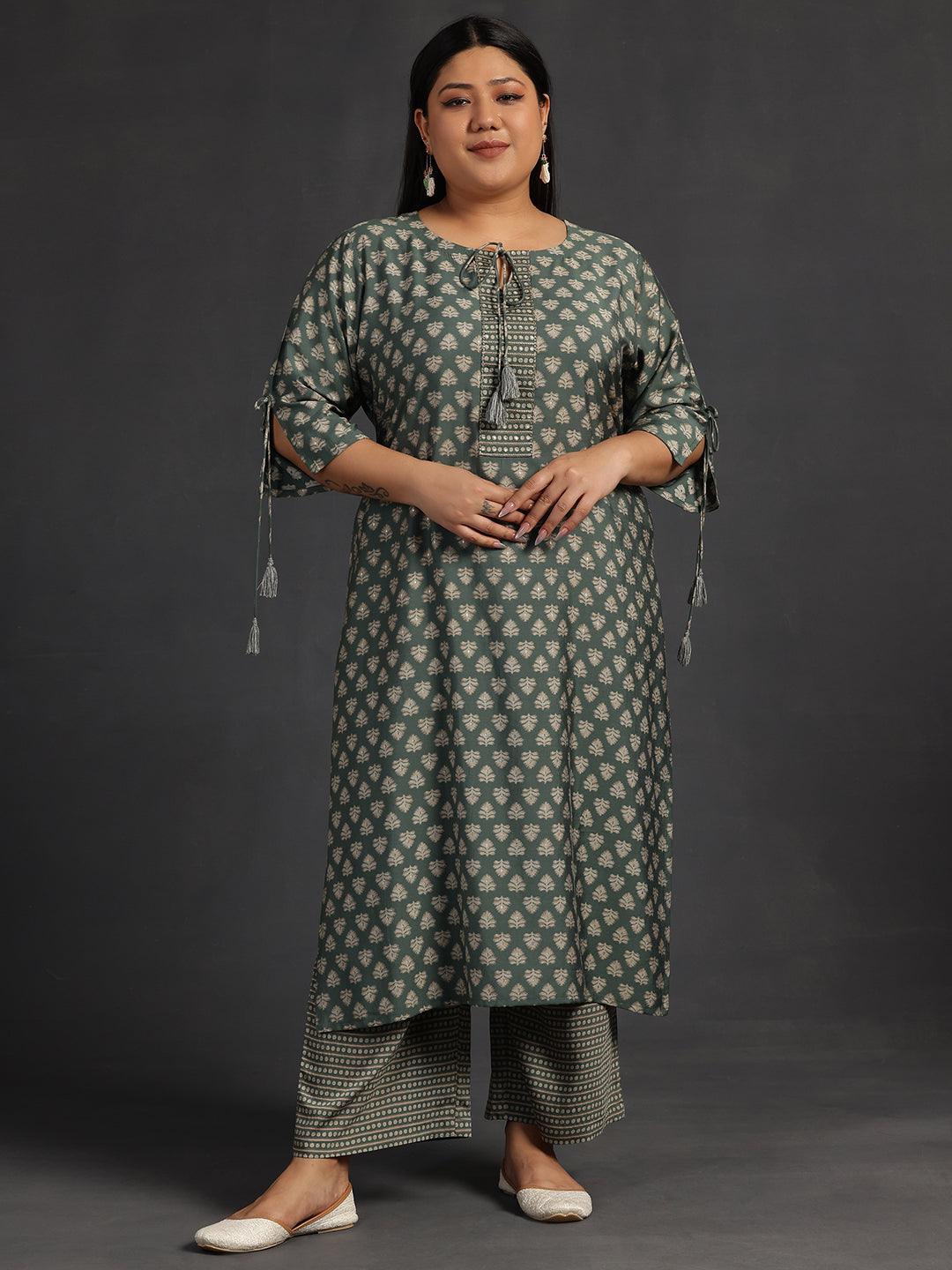 Plus Size Green Printed Silk Blend Straight Kurta Set - Libas 