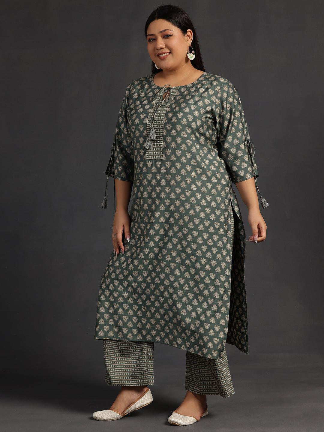 Plus Size Green Printed Silk Blend Straight Kurta Set - Libas