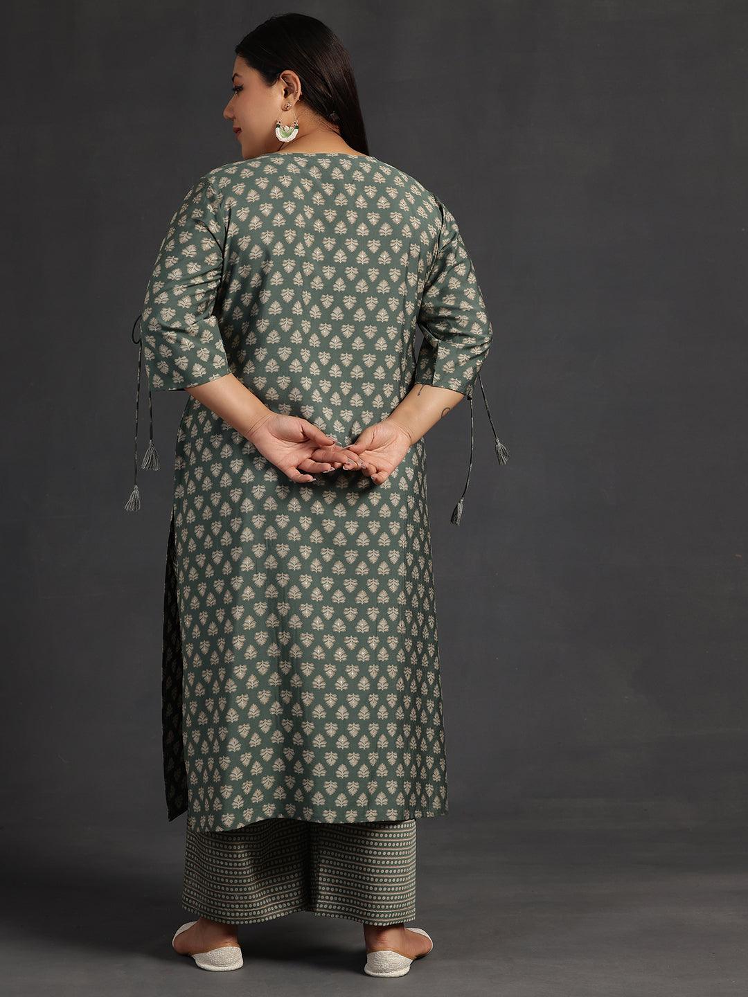 Plus Size Green Printed Silk Blend Straight Kurta Set - Libas 