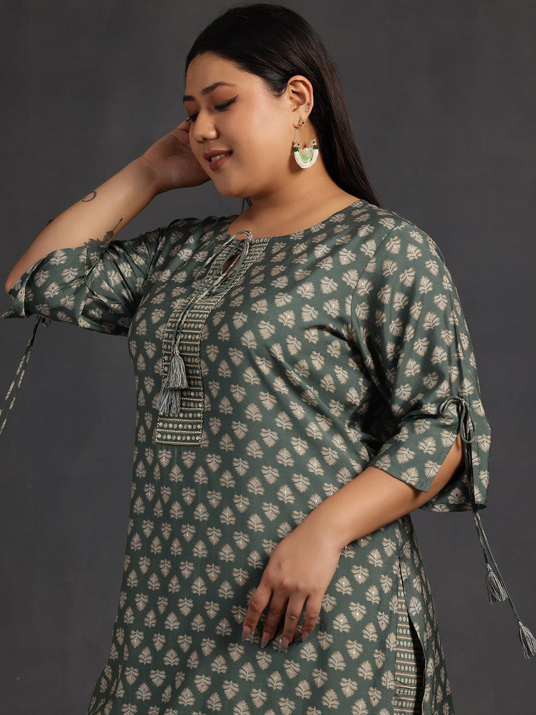 Plus Size Green Printed Silk Blend Straight Kurta Set - Libas 