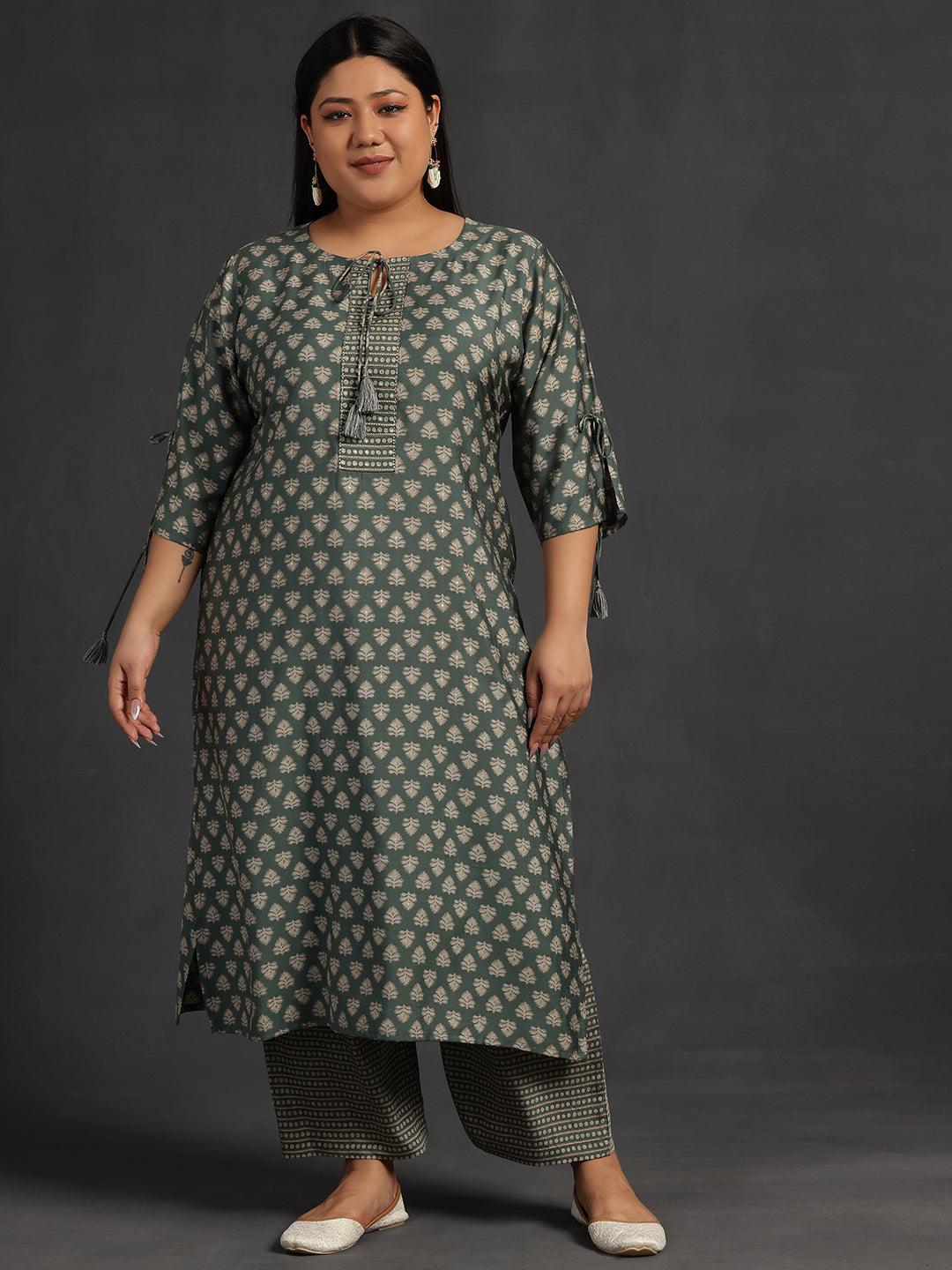 Plus Size Green Printed Silk Blend Straight Kurta Set - Libas 