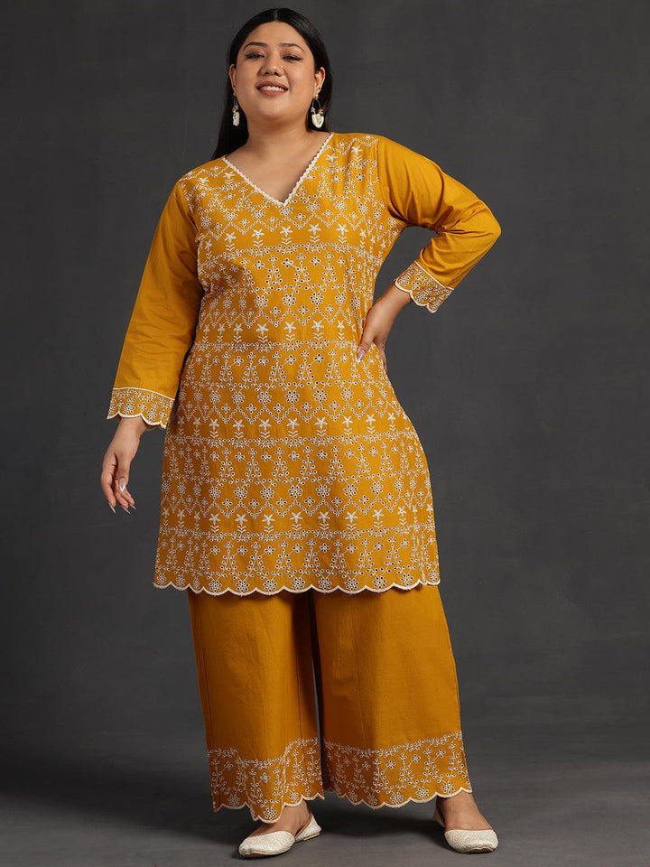 Plus Size Mustard Embroidered Cotton Co-Ords - Libas