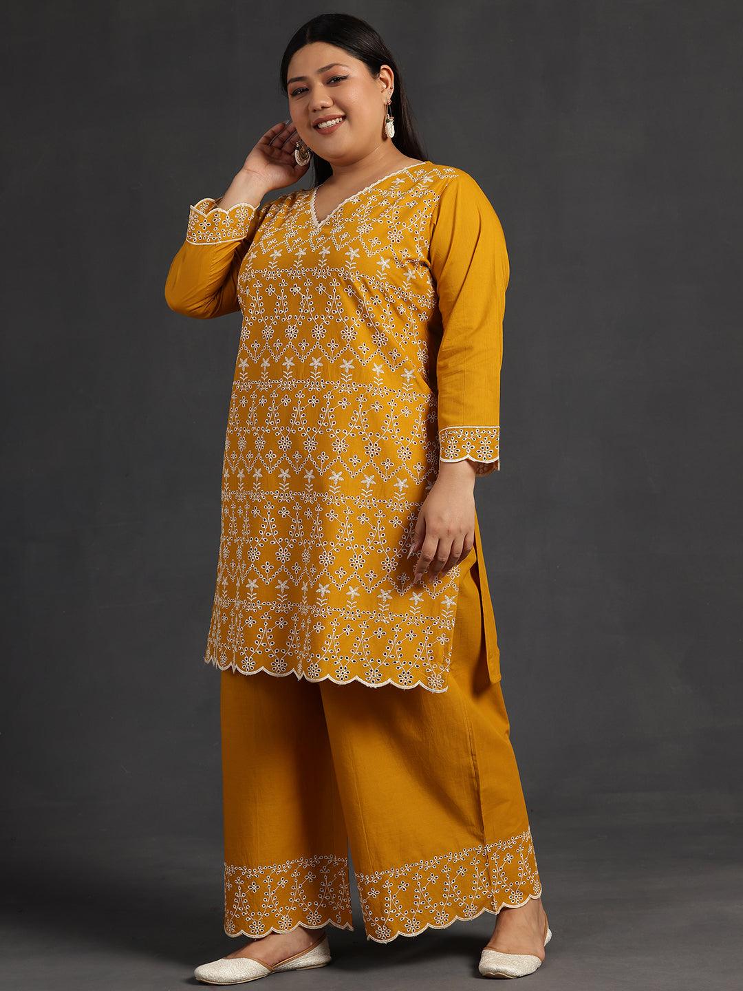 Plus Size Mustard Embroidered Cotton Co-Ords - Libas