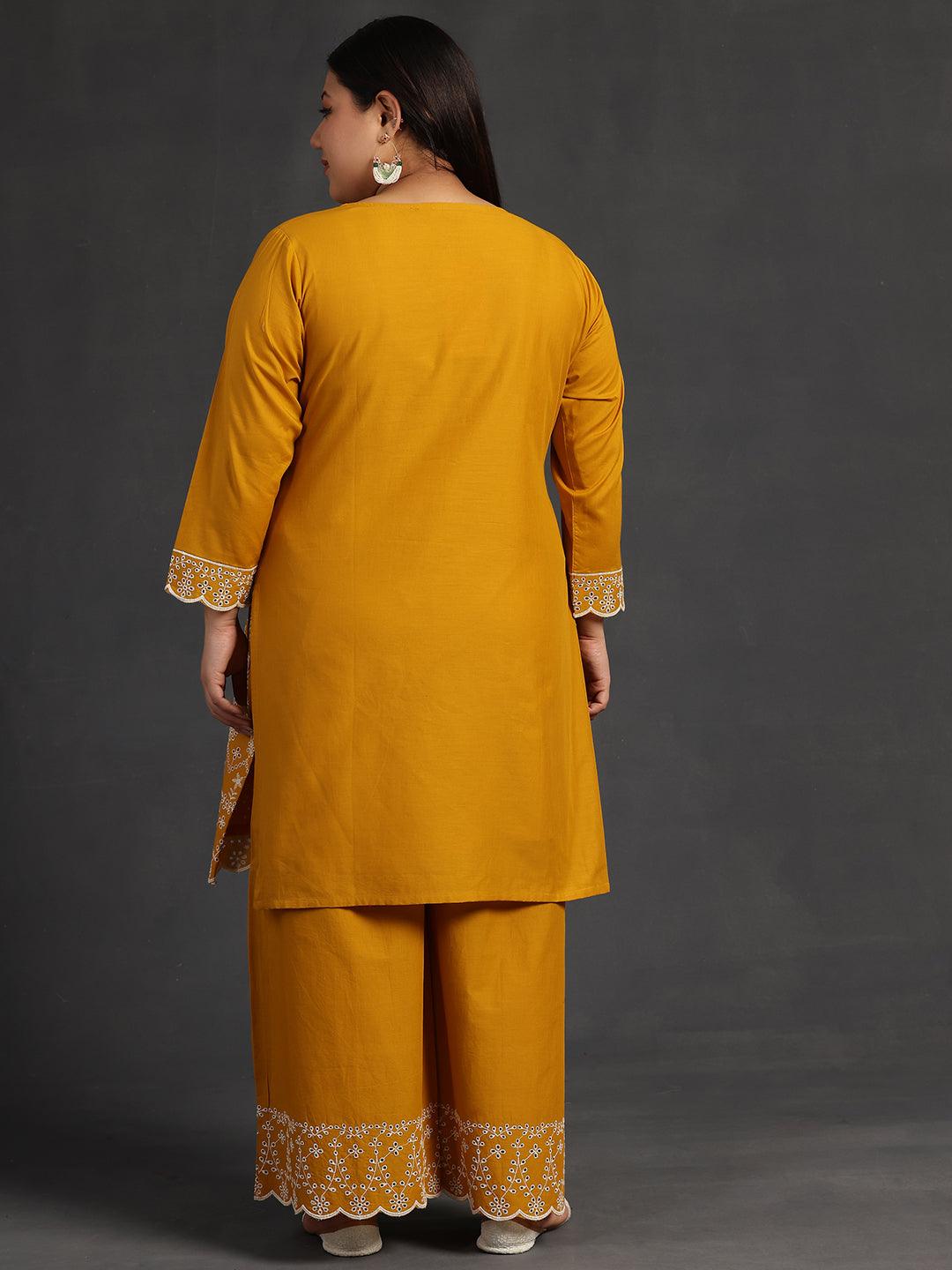 Plus Size Mustard Embroidered Cotton Co-Ords - Libas