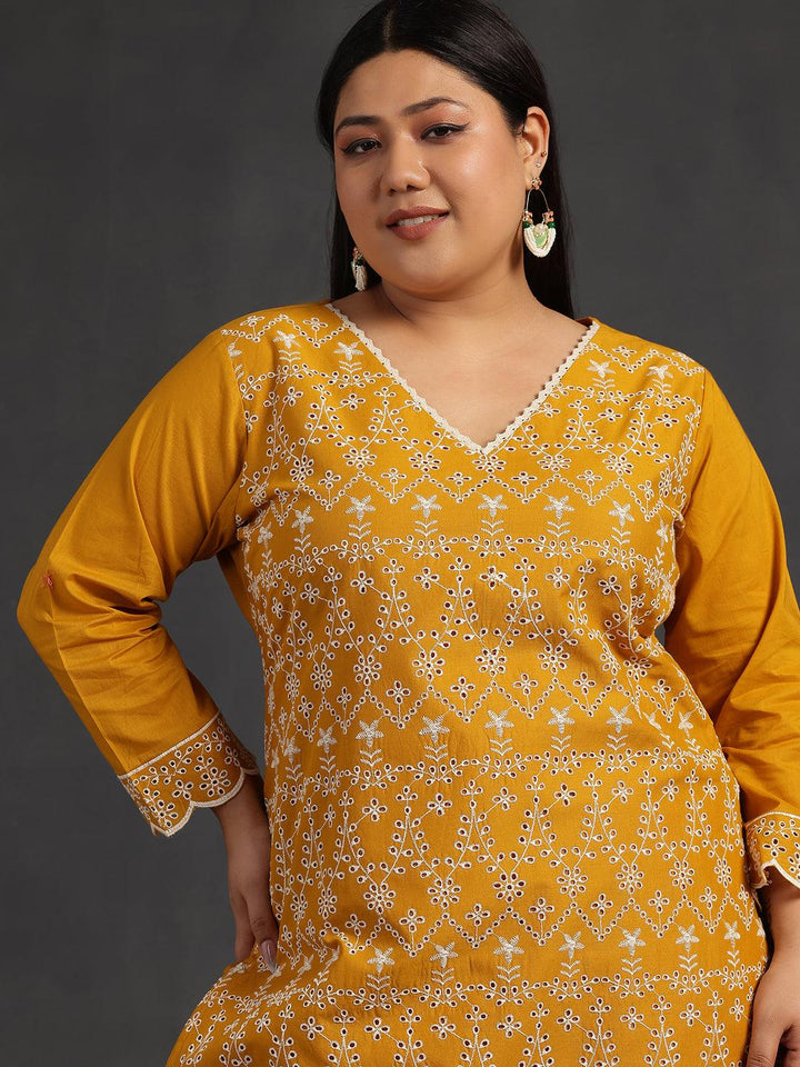 Plus Size Mustard Embroidered Cotton Co-Ords - Libas