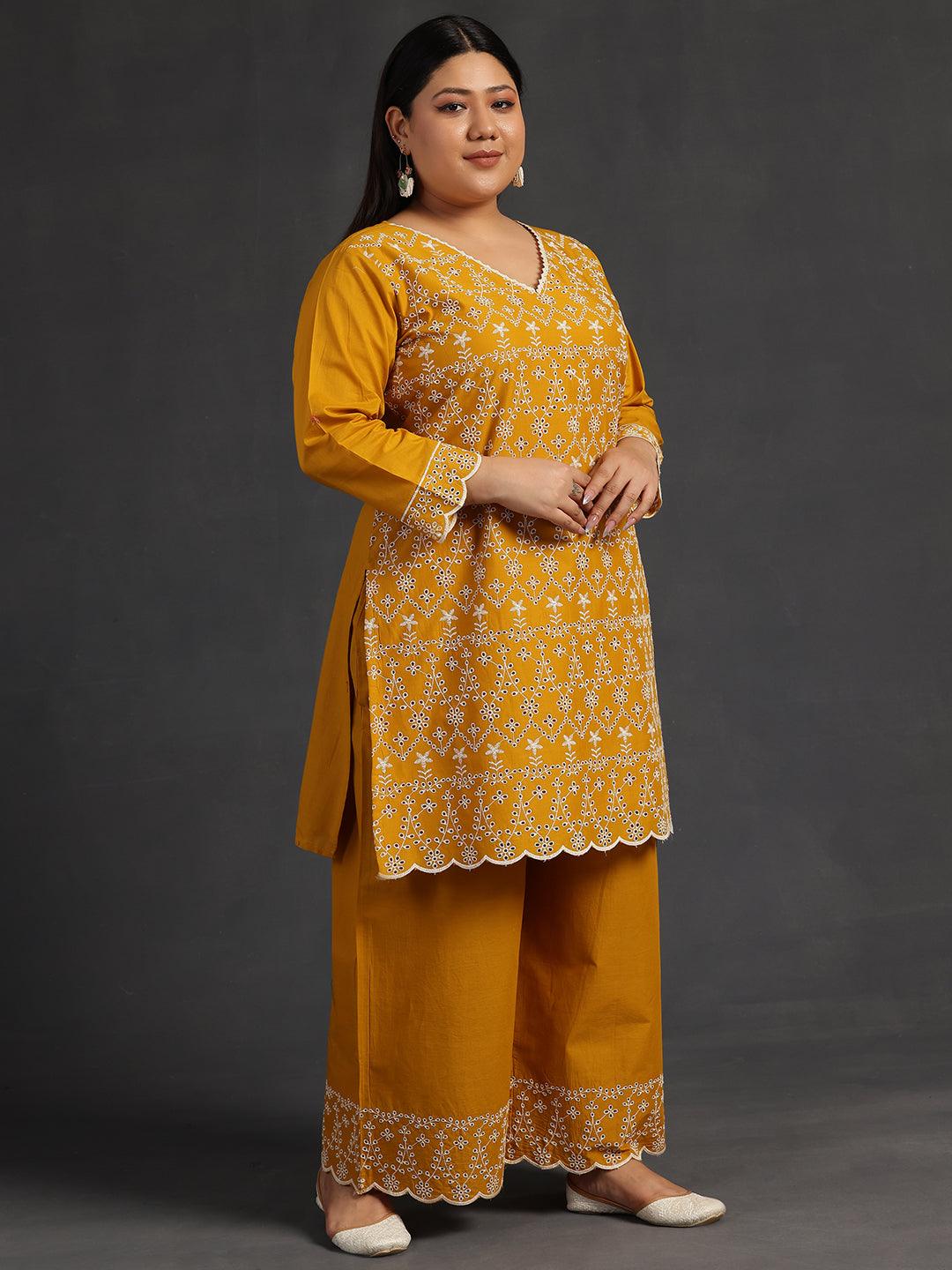 Buy Plus Size Mustard Embroidered Cotton Co-Ords Online At Rs.1899 | Libas