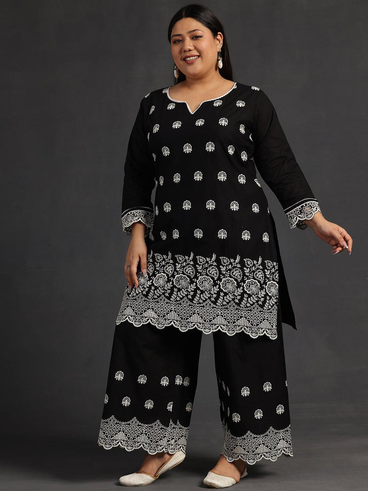 Plus Size Black Embroidered Cotton Co-Ords - Libas