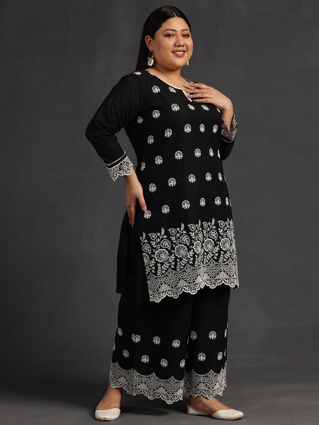 Plus Size Black Embroidered Cotton Co-Ords - Libas