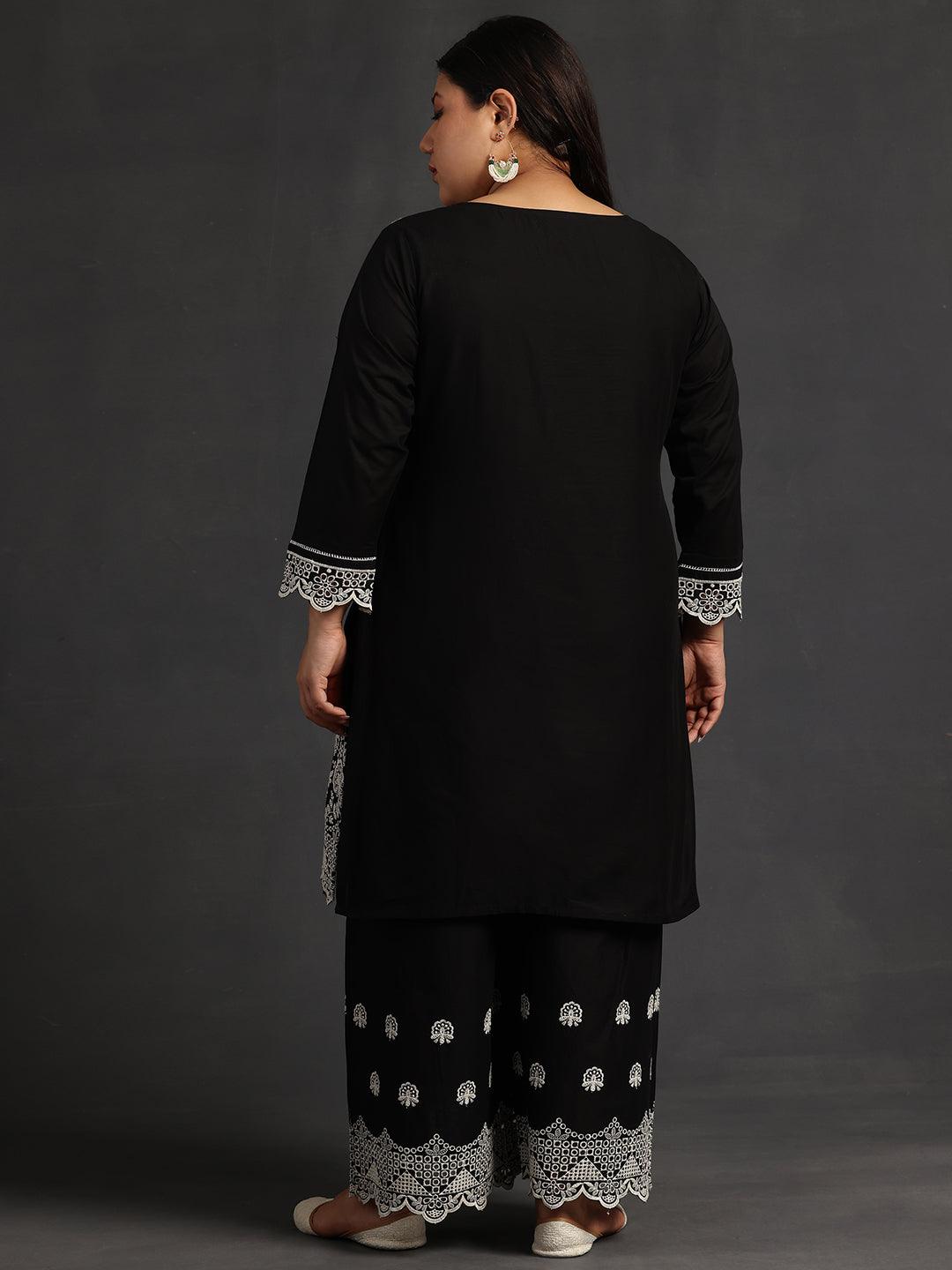 Plus Size Black Embroidered Cotton Co-Ords - Libas