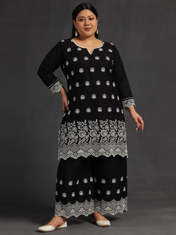 Plus Size Black Embroidered Cotton Co-Ords - Libas