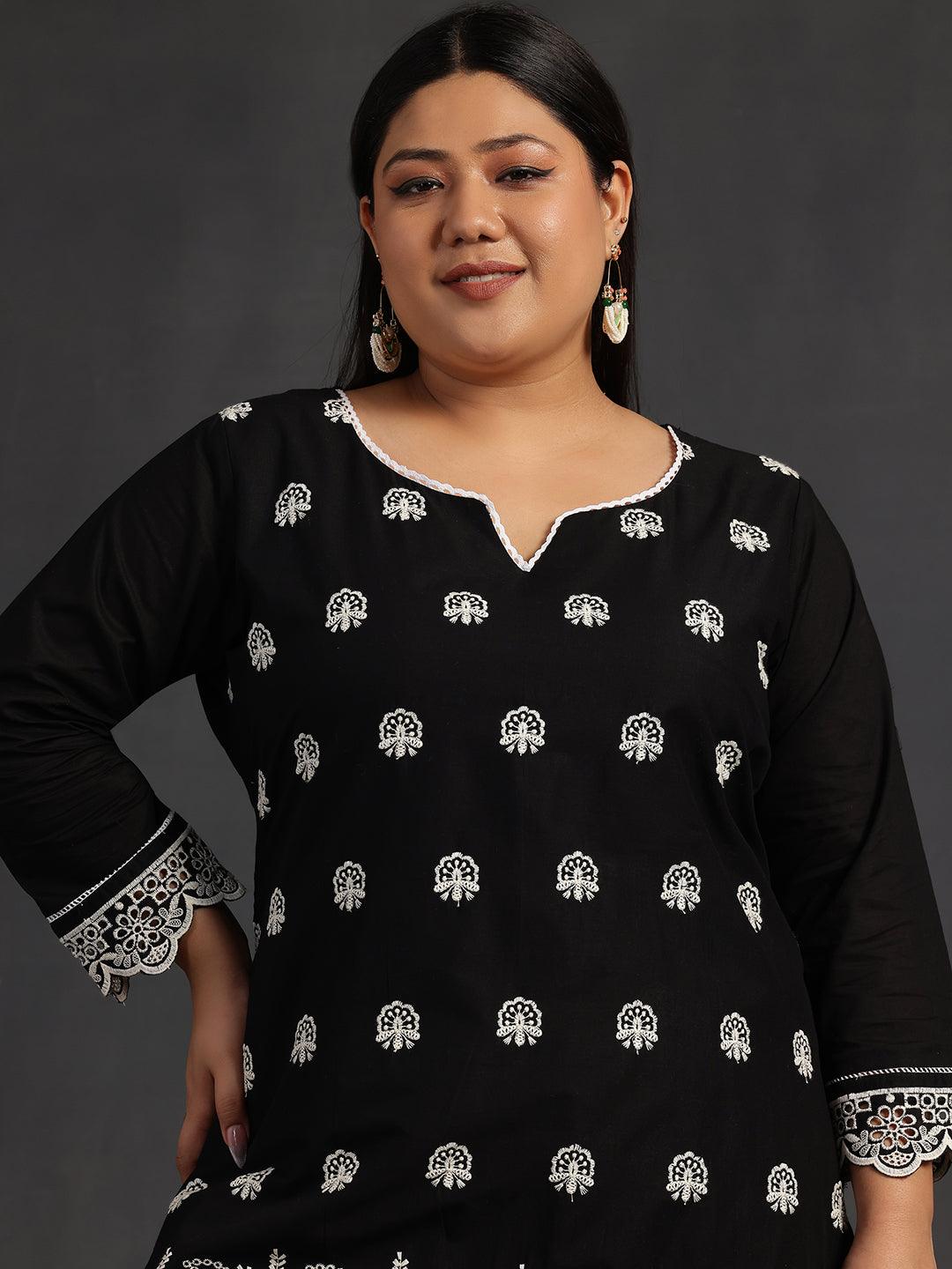 Plus Size Black Embroidered Cotton Co-Ords - Libas