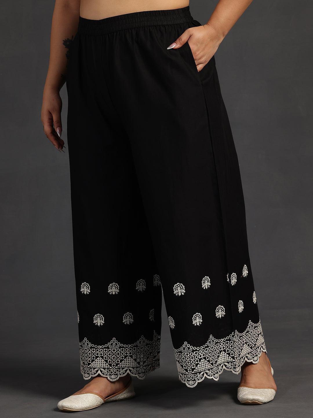 Plus Size Black Embroidered Cotton Co-Ords - Libas