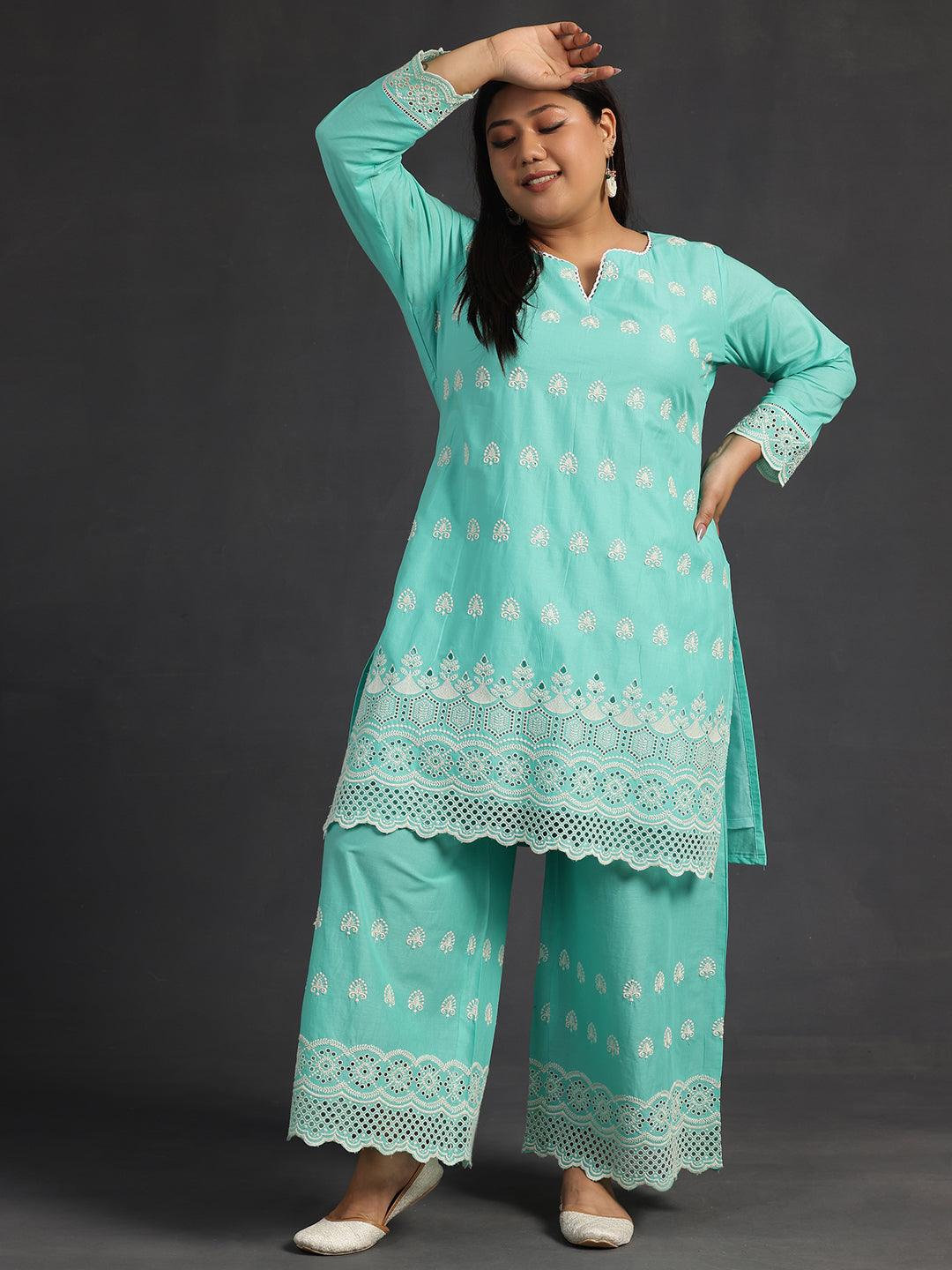 Plus Size Green Embroidered Cotton Co-Ords - Libas