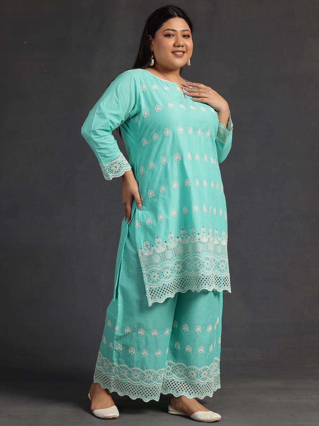 Plus Size Green Embroidered Cotton Co-Ords - Libas