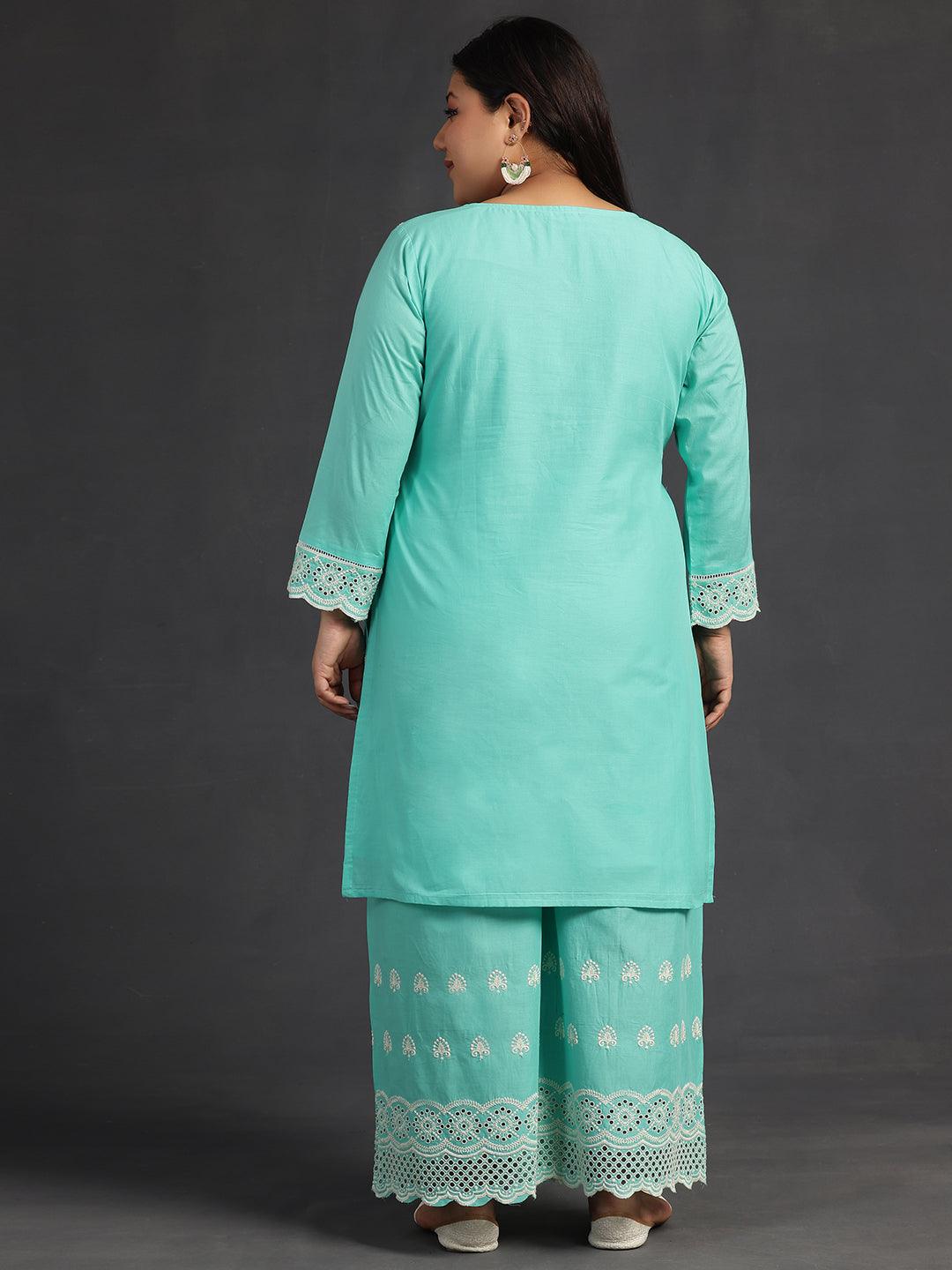 Plus Size Green Embroidered Cotton Co-Ords - Libas