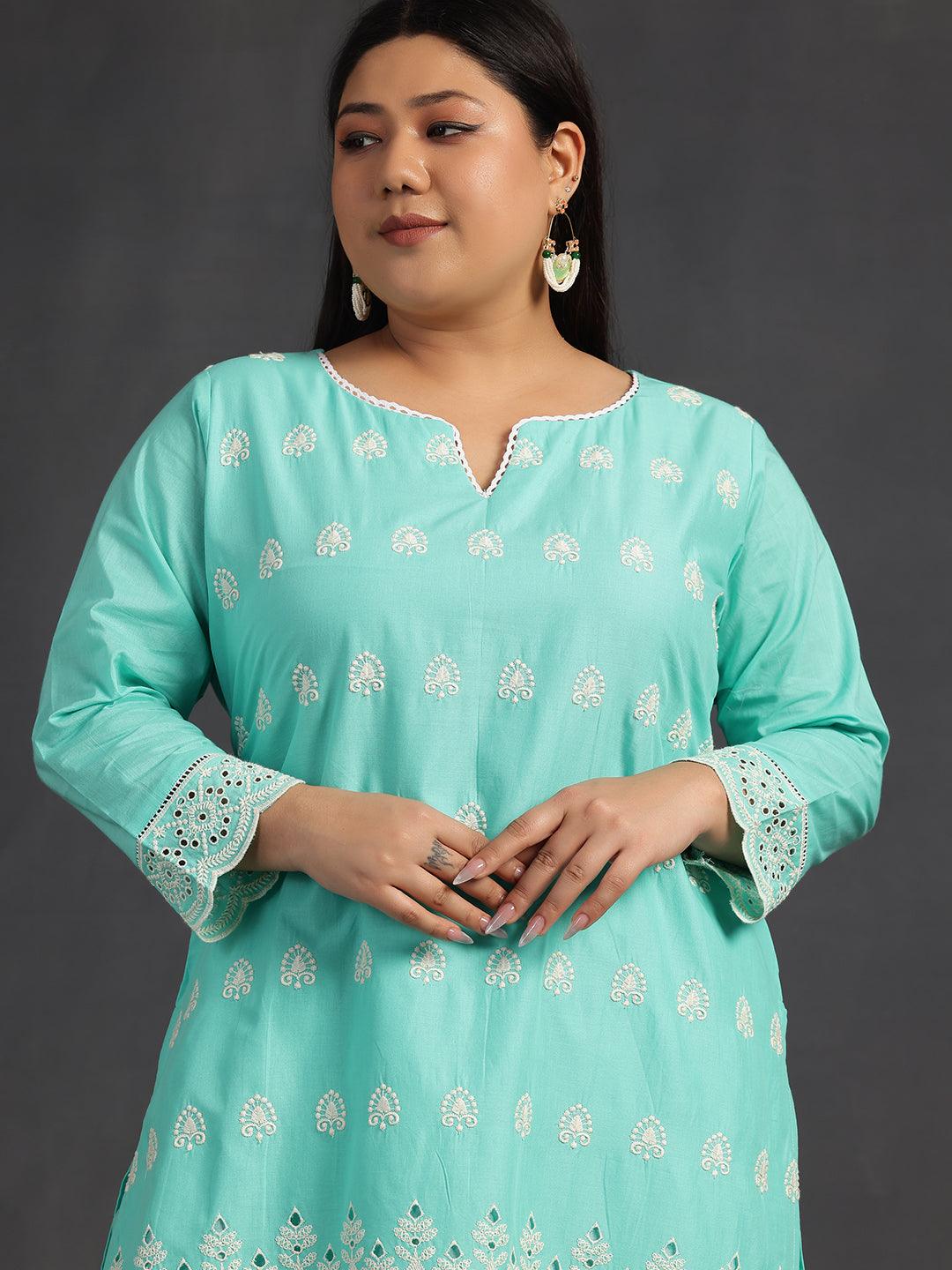 Plus Size Green Embroidered Cotton Co-Ords - Libas