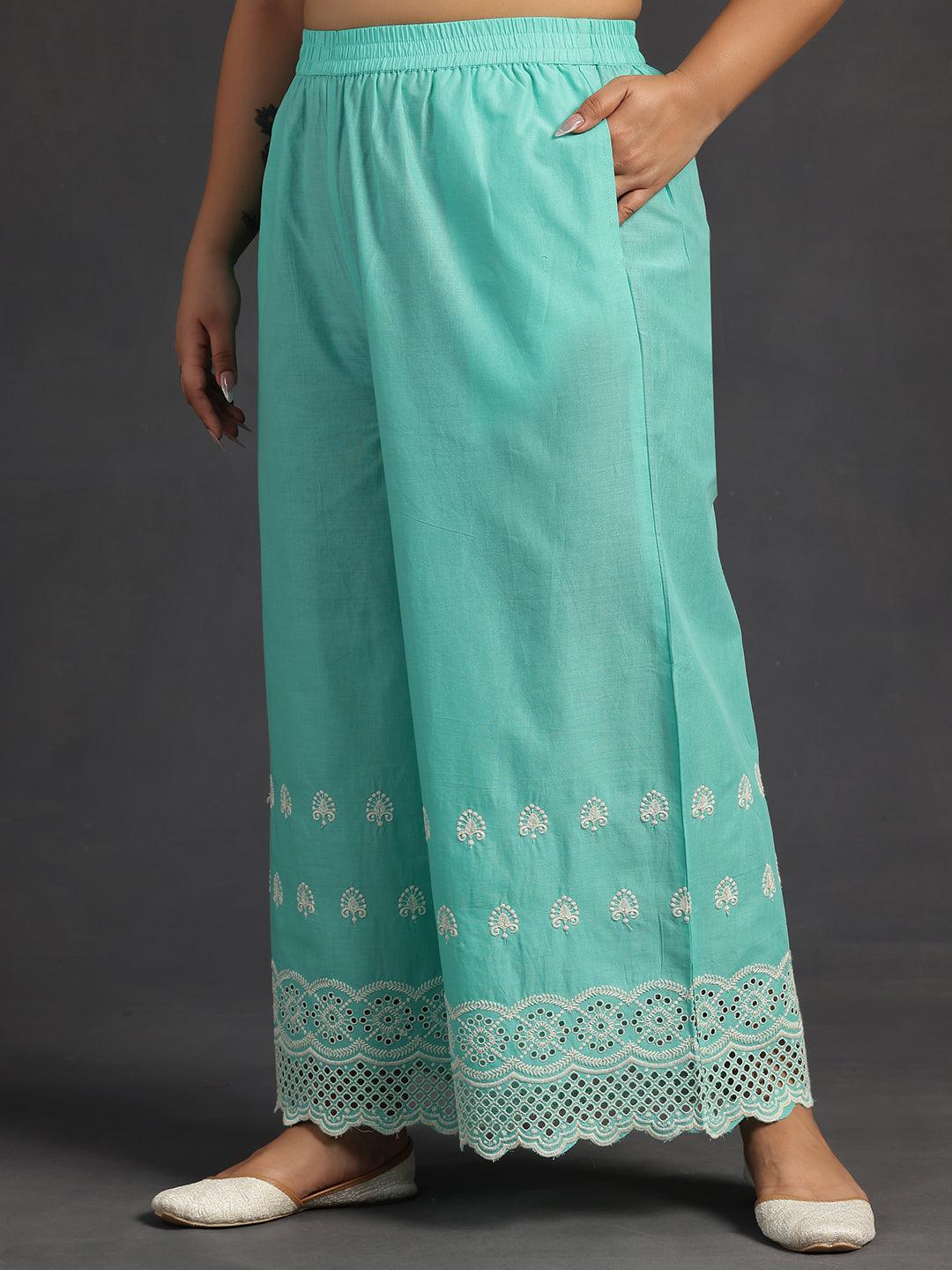 Plus Size Green Embroidered Cotton Co-Ords - Libas