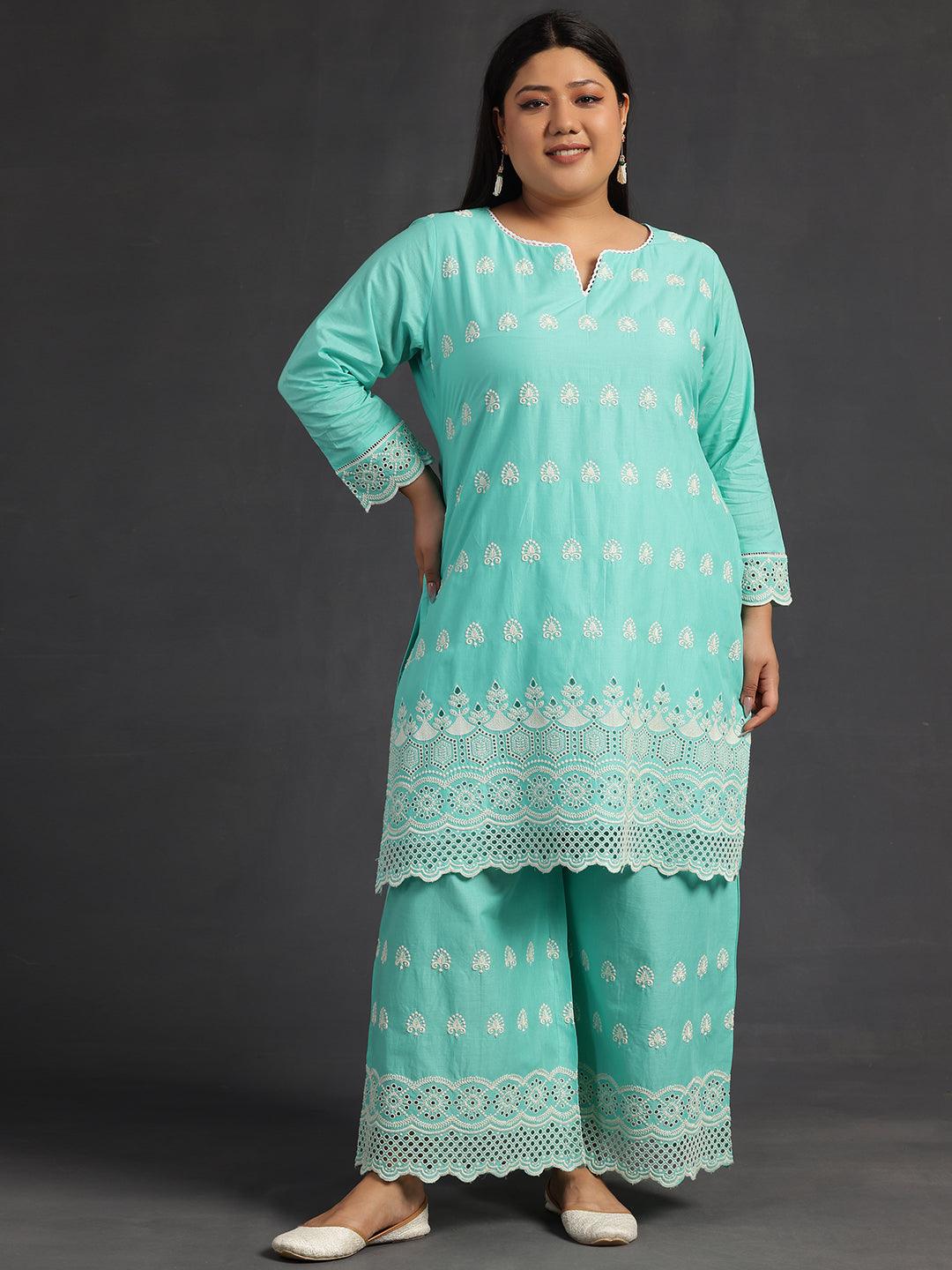 Plus Size Green Embroidered Cotton Co-Ords - Libas