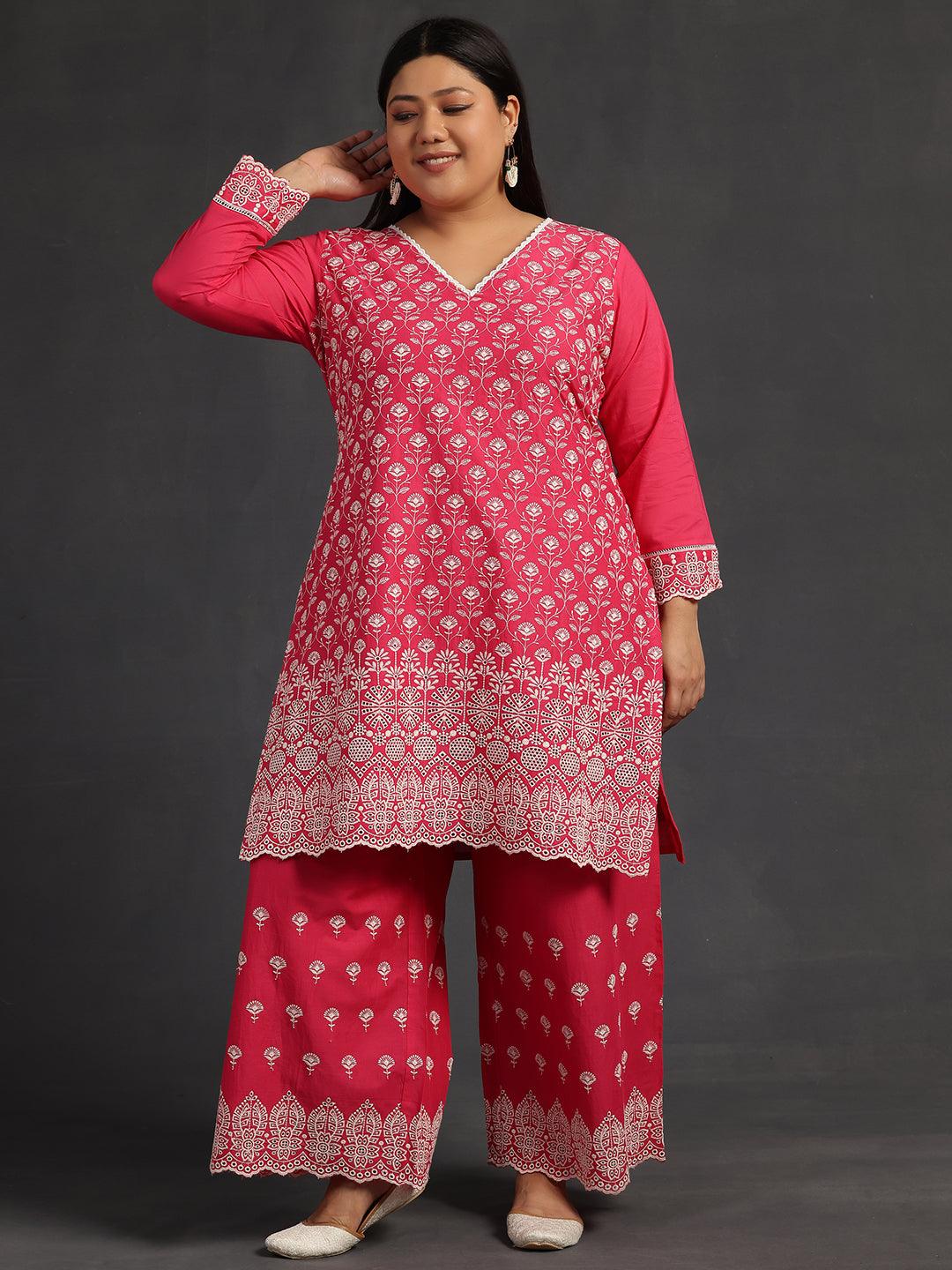 Plus Size Pink Embroidered Cotton Co-Ords - Libas 