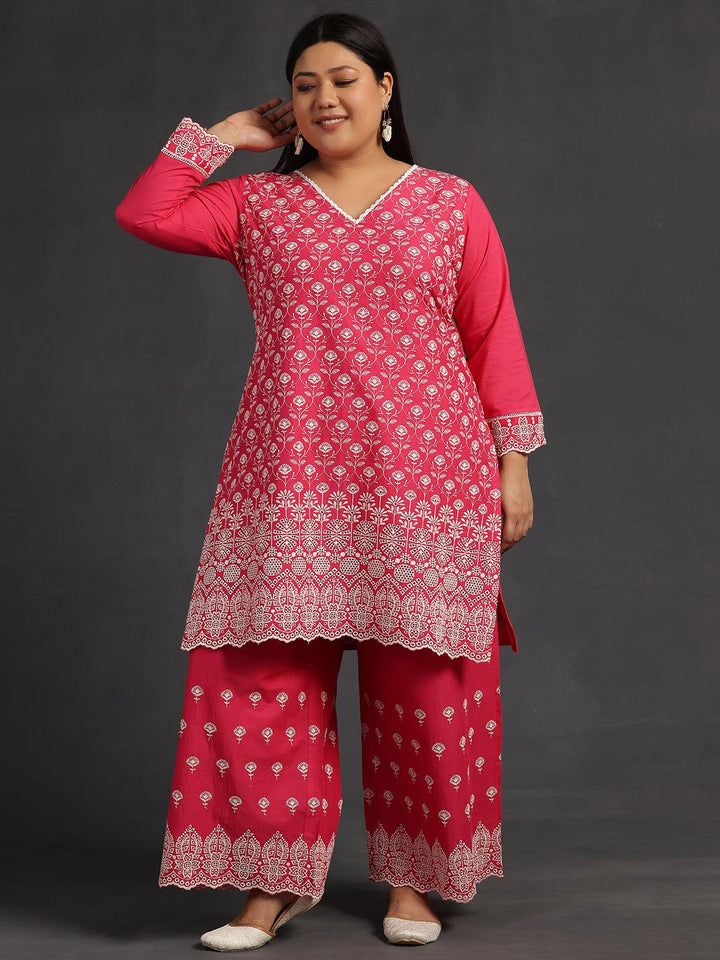 Plus Size Pink Embroidered Cotton Co-Ords - Libas