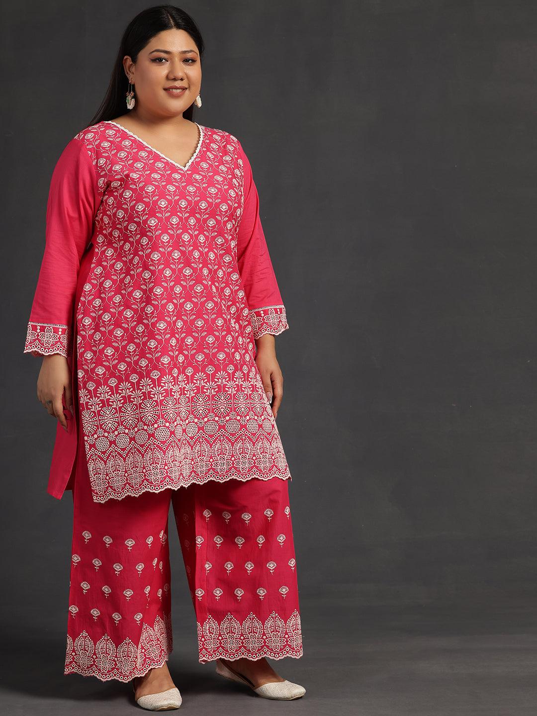 Plus Size Pink Embroidered Cotton Co-Ords - Libas 