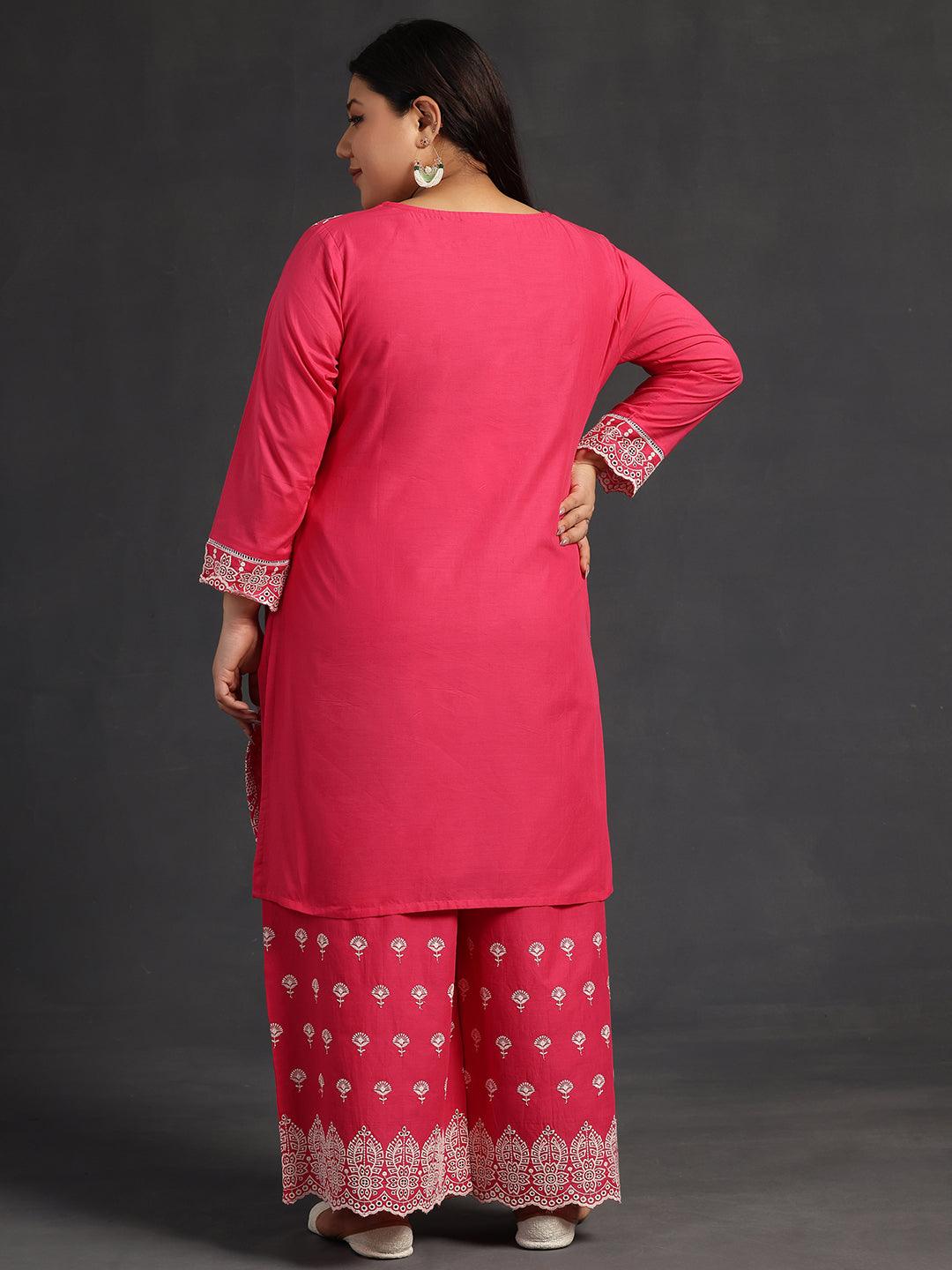 Plus Size Pink Embroidered Cotton Co-Ords - Libas